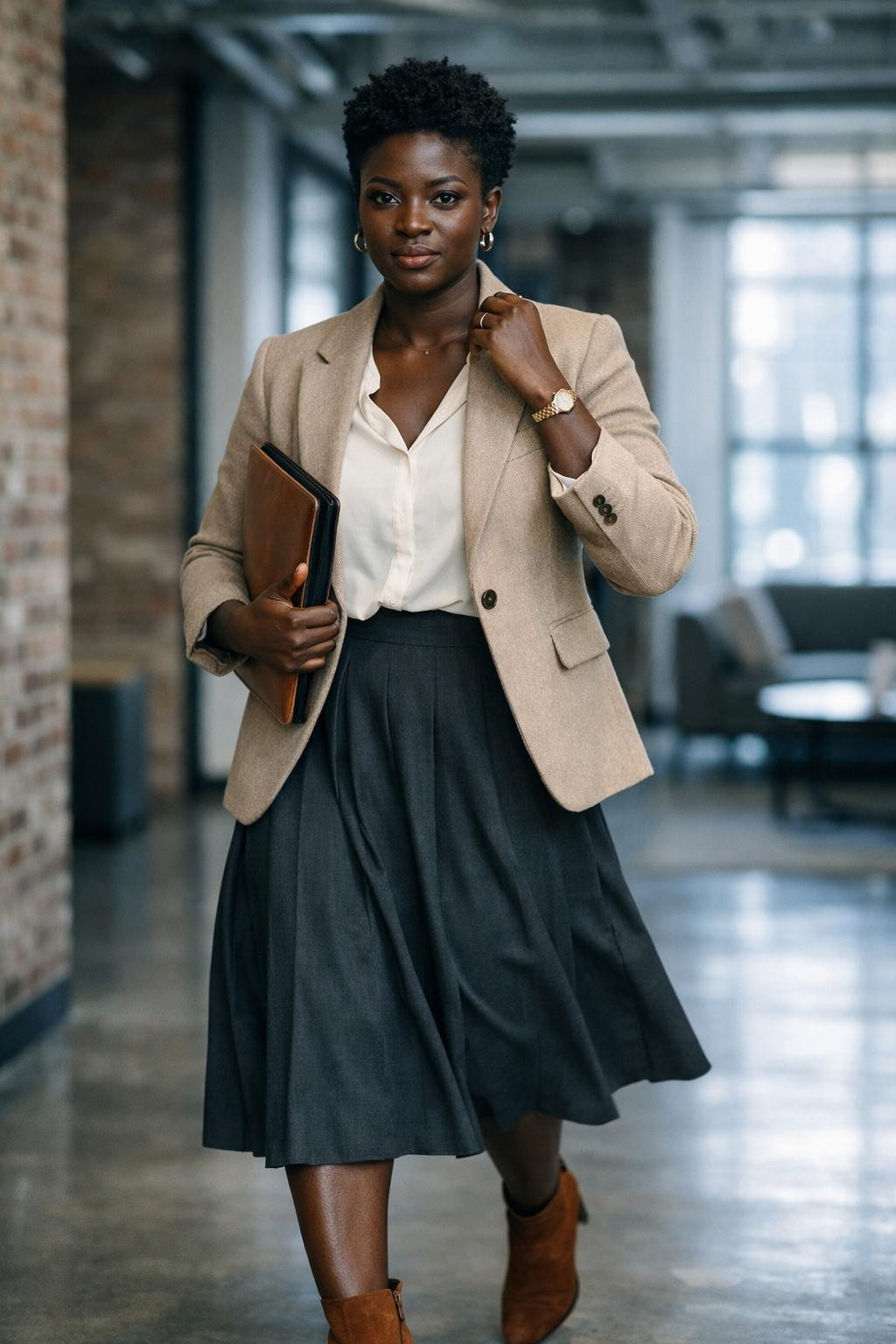 Business casual outfits black women wear with beige blazer and midi skirt