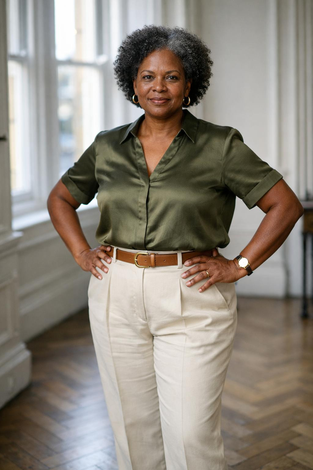Business casual outfits black women style with olive blouse and cream trousers