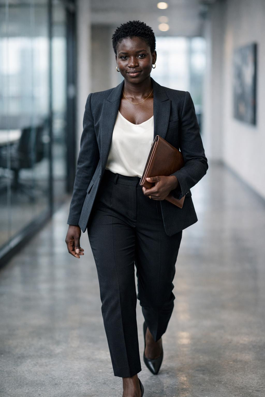 Business casual outfits black women style with charcoal blazer and black trousers