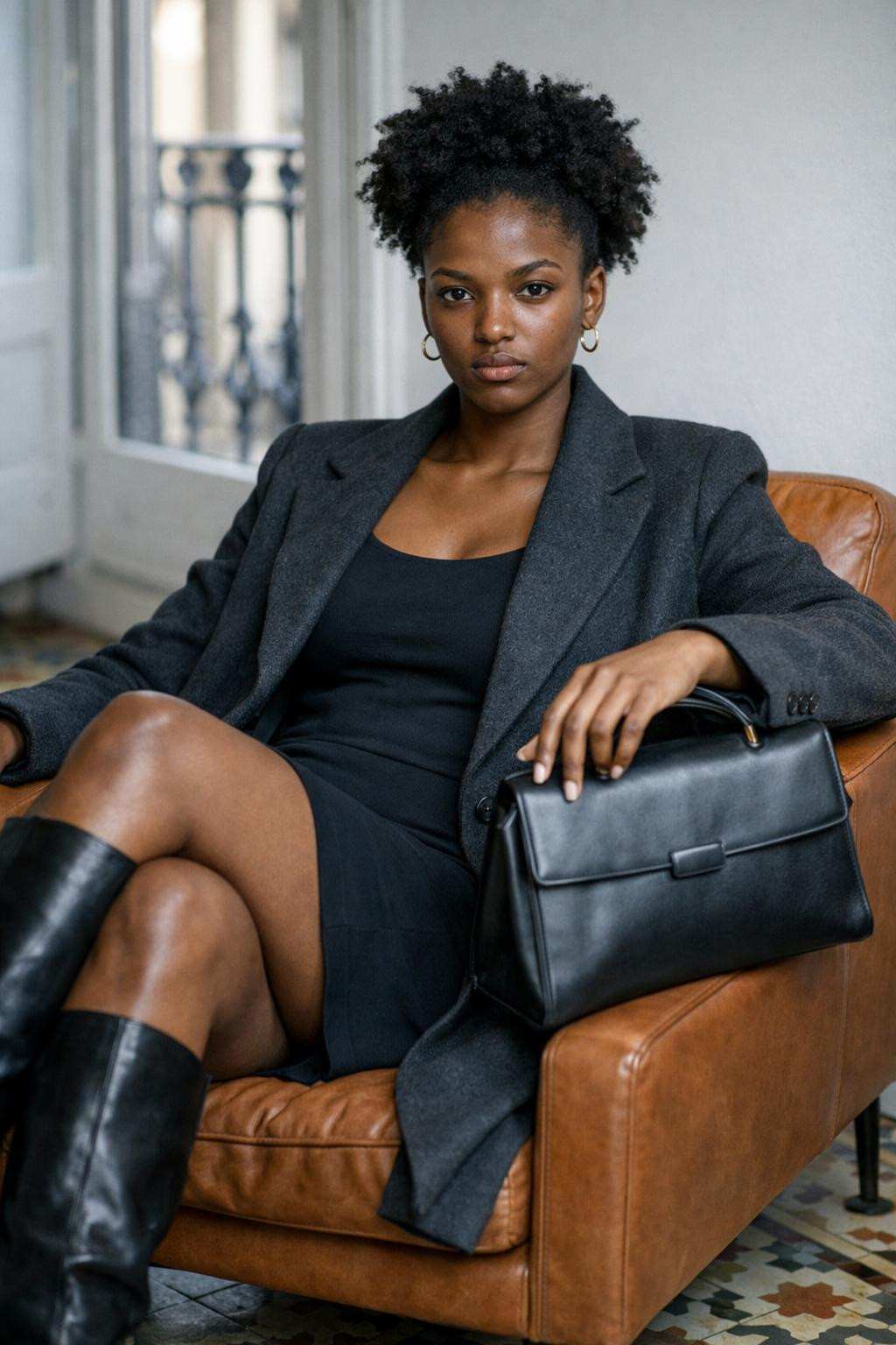 Business casual outfits black women wear with charcoal coat and knee-high boots