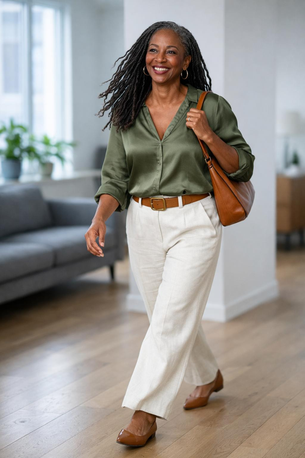 Business casual outfits black women love with olive silk blouse and cream trousers
