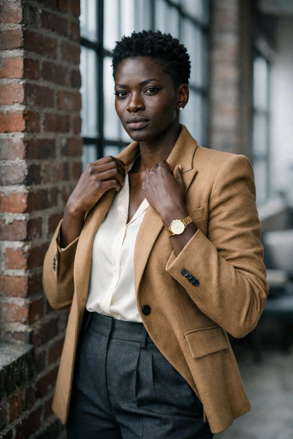 Business casual outfits black women wear with camel blazer and cream blouse