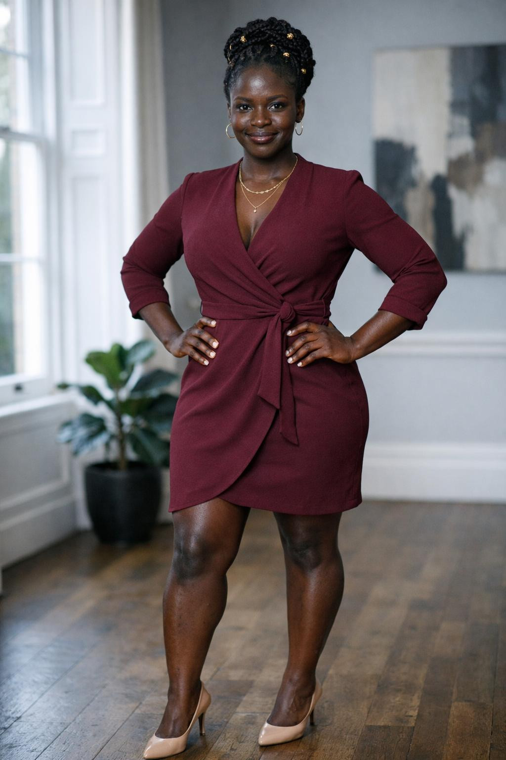 Business casual outfits black women style with burgundy wrap dress and braids