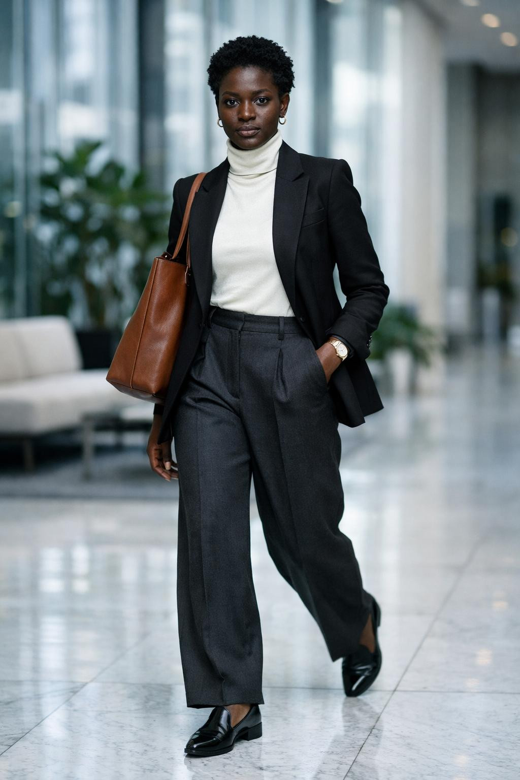 Business casual outfits black women love with black blazer and loafers