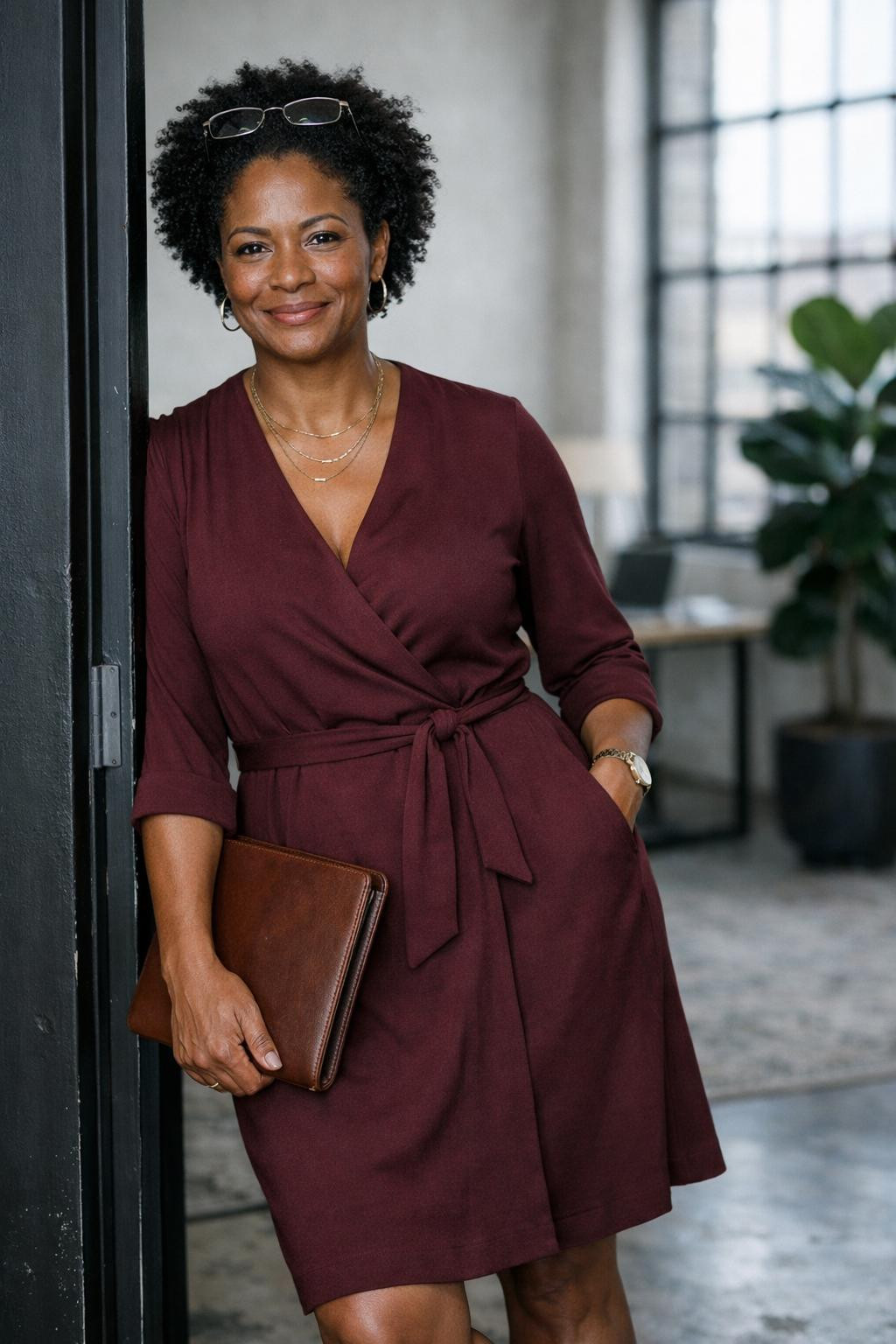 Business casual outfits black women wear featuring burgundy wrap dress