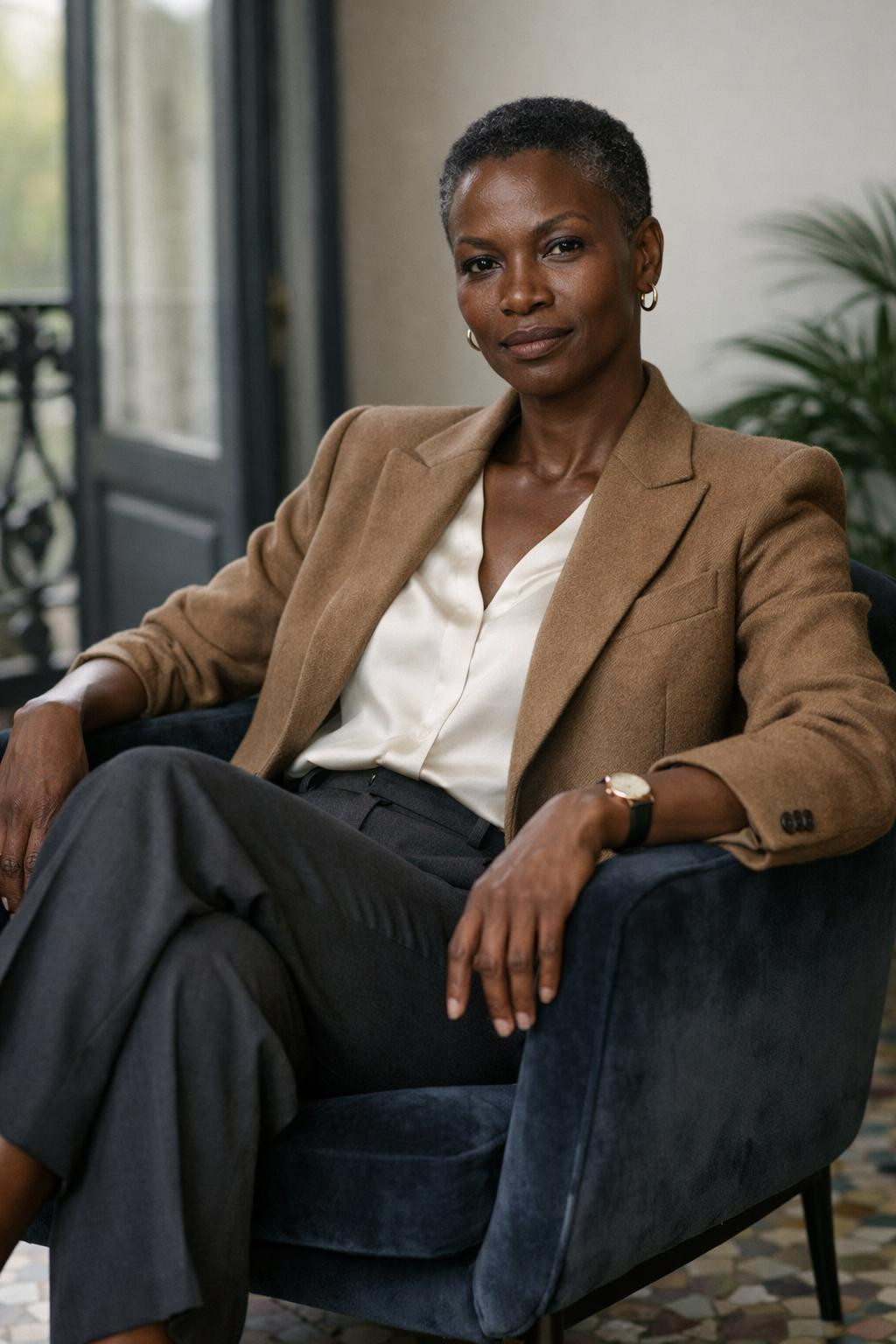 Business casual outfits black women style with camel blazer and charcoal wide-leg pants