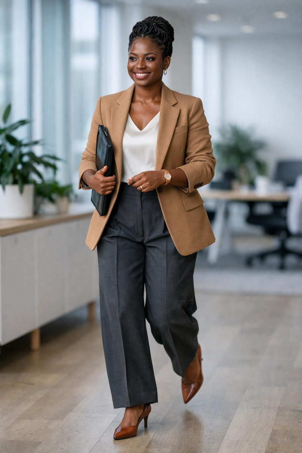 Business casual outfits black women love with camel blazer and charcoal trousers