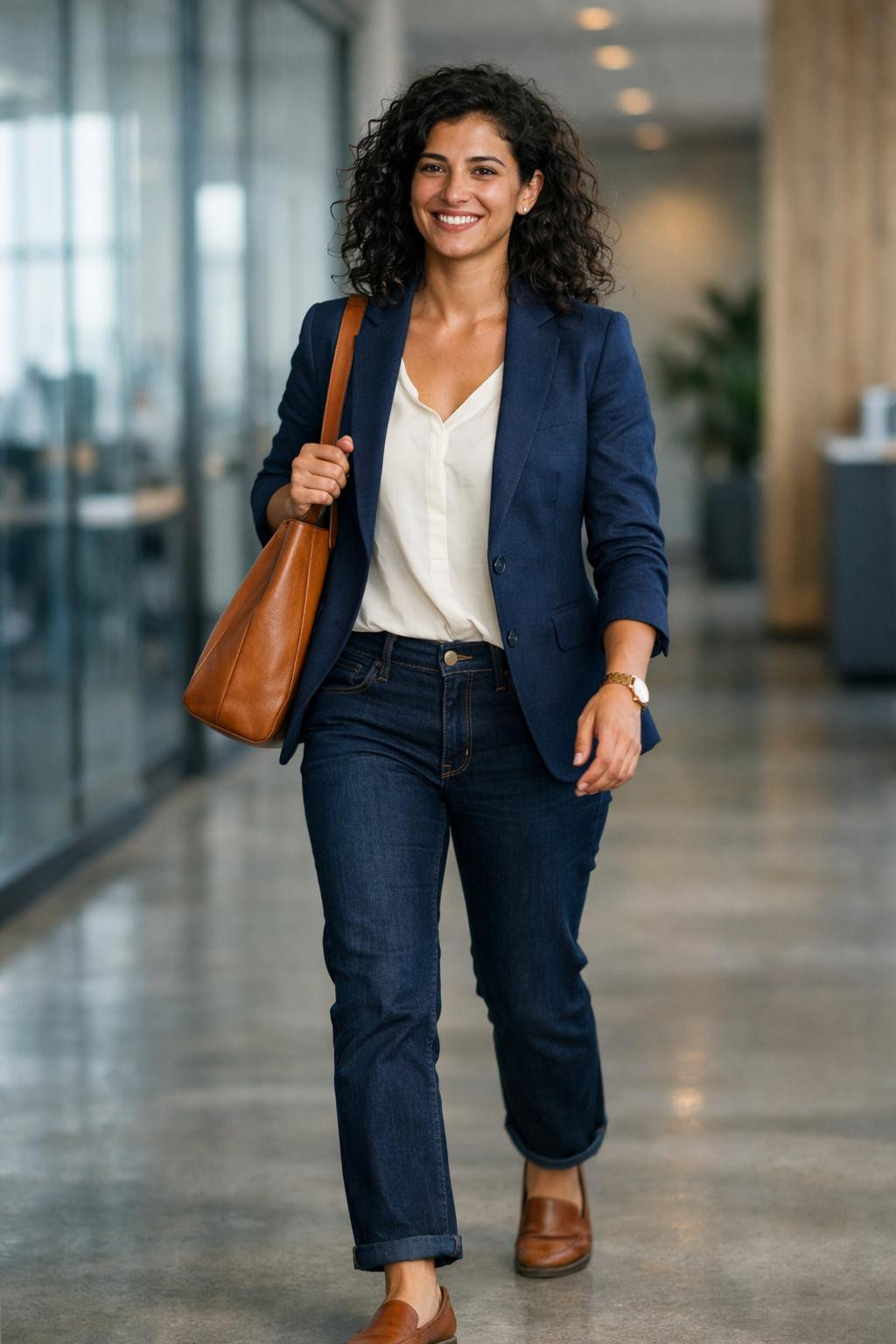 Business casual outfits jeans with tailored navy blazer and cream silk blouse