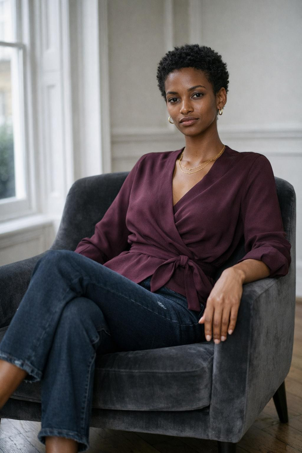 Business casual outfits jeans with burgundy wrap blouse