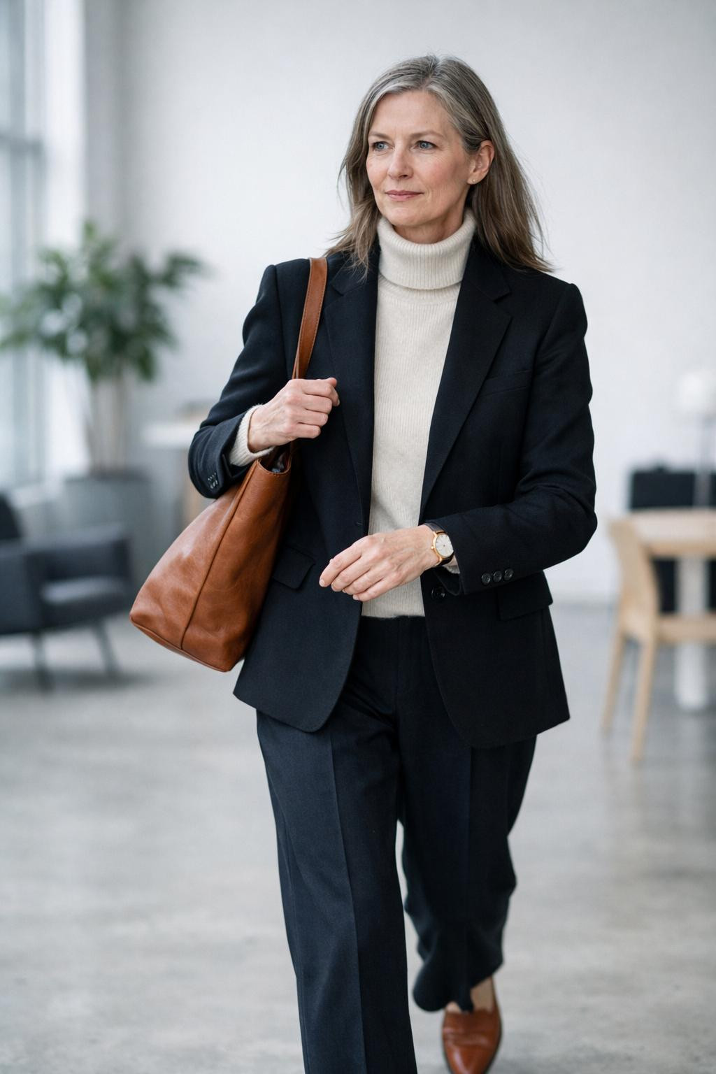 Business casual outfits jeans with structured black blazer and cashmere turtleneck