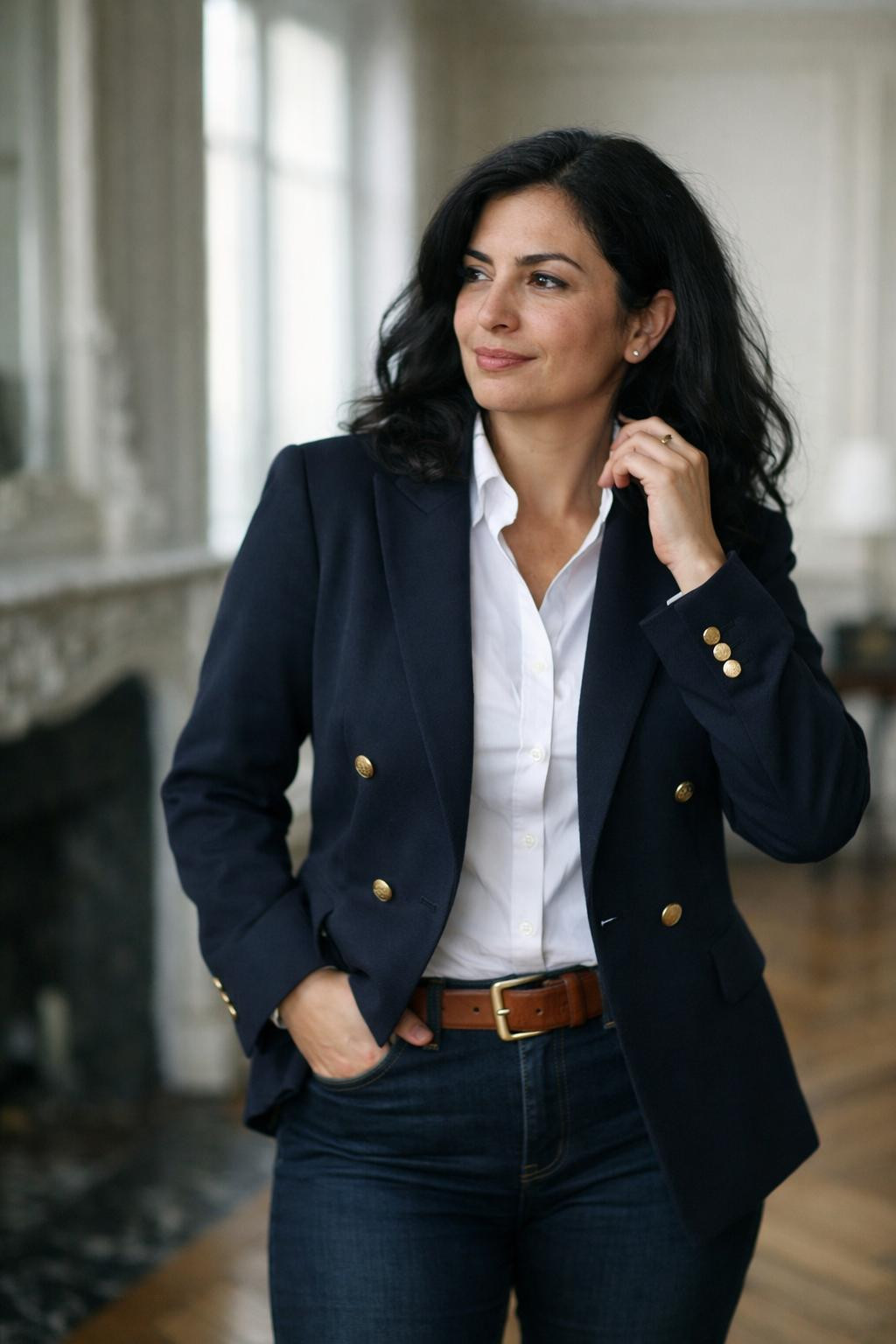 Business casual outfits jeans with tailored navy blazer and gold buttons