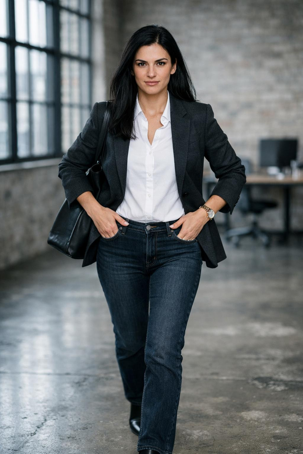 Business casual outfits jeans with charcoal grey blazer and white button-down