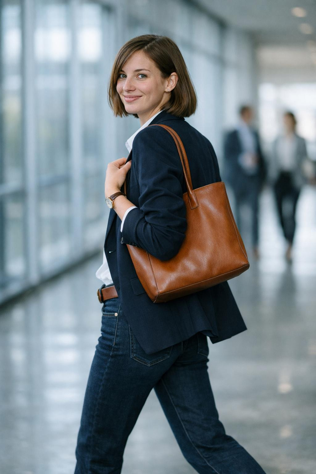 Business casual outfits jeans with navy blazer and cognac loafers