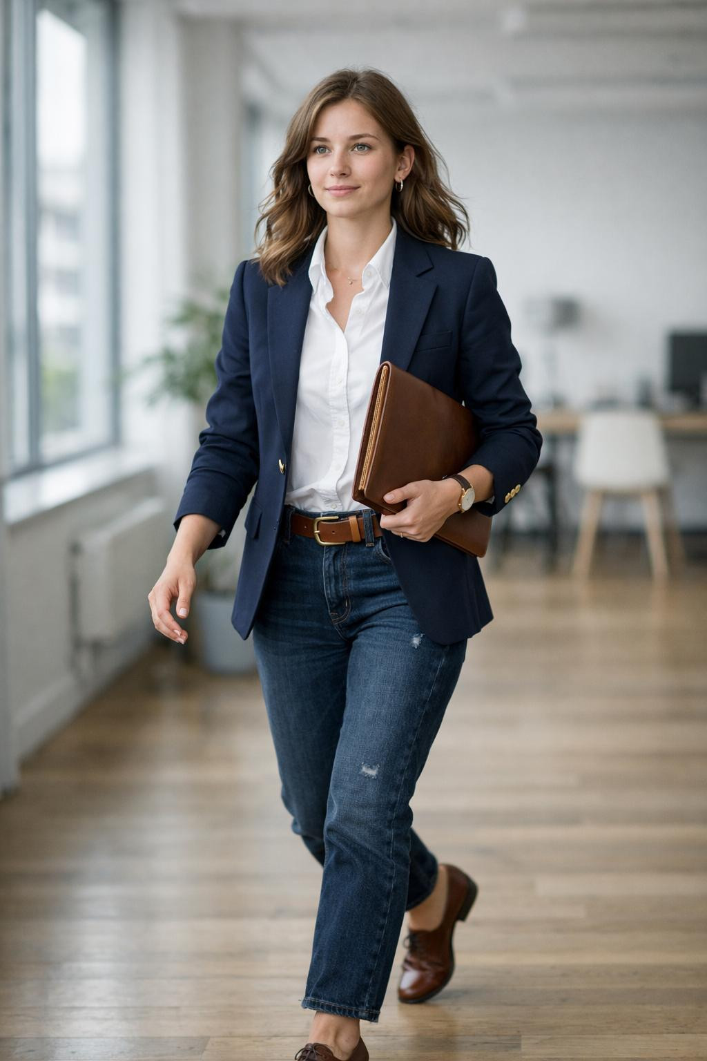 Business casual outfits jeans with navy blazer and white cotton shirt