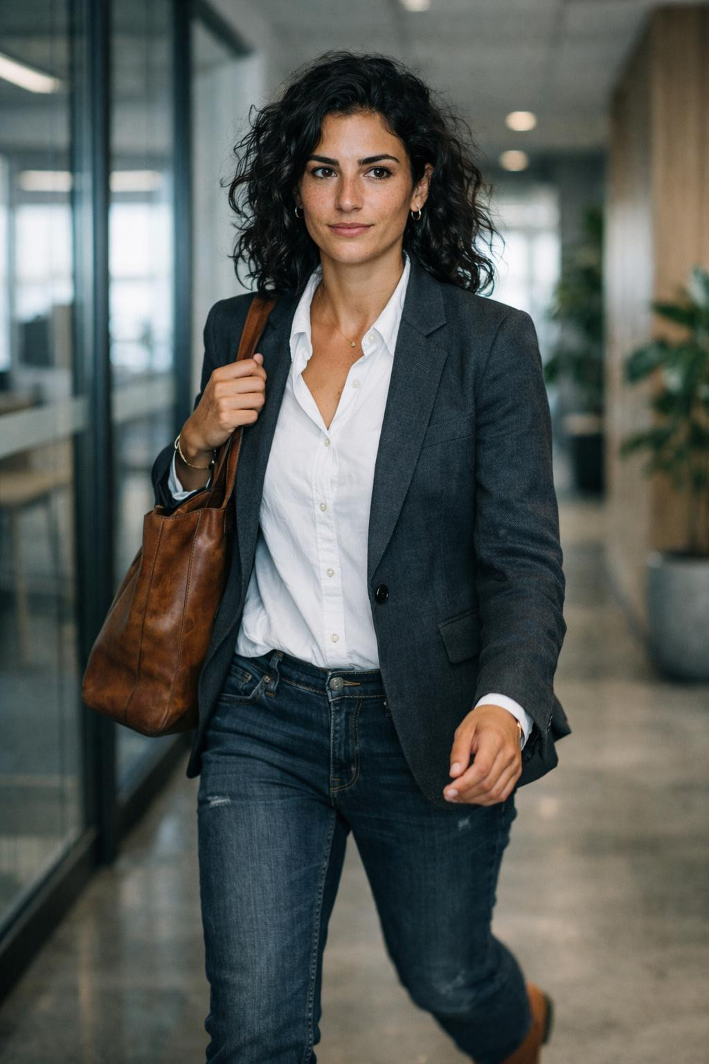 Business casual outfits jeans with charcoal blazer and white button-down