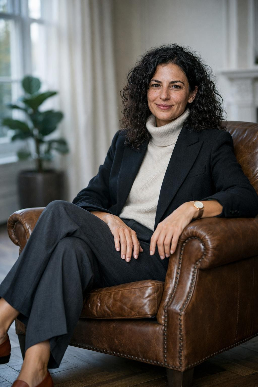 Business casual outfits jeans with black wool blazer and cream cashmere