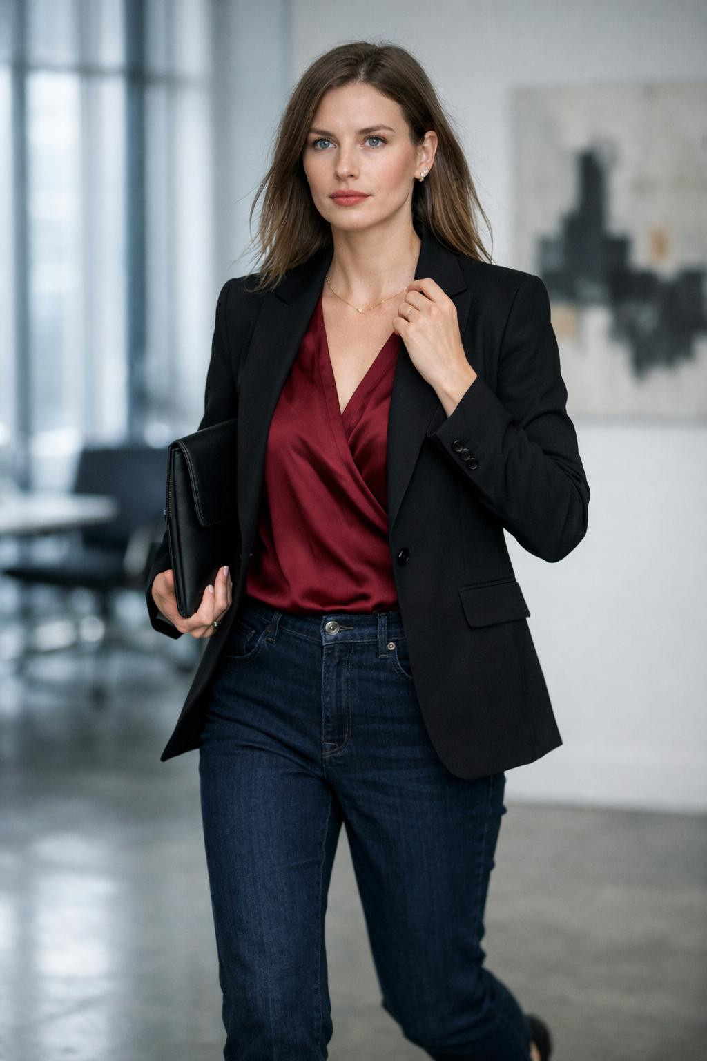 Business casual outfits jeans with burgundy silk wrap blouse