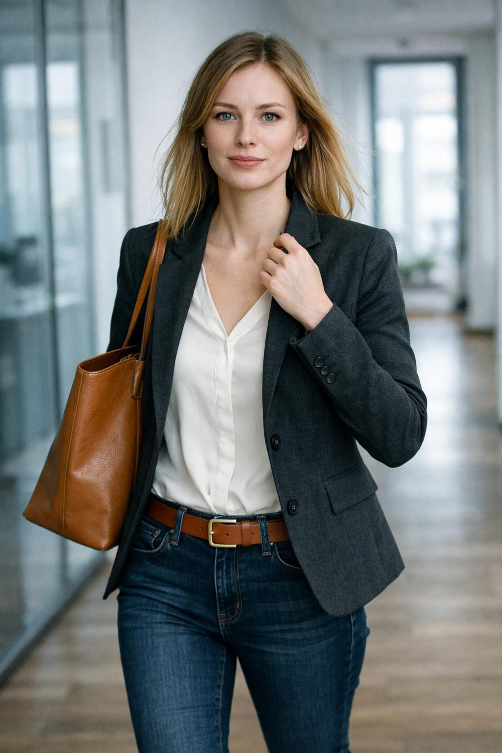 Business casual outfits jeans with tailored charcoal blazer and ivory blouse