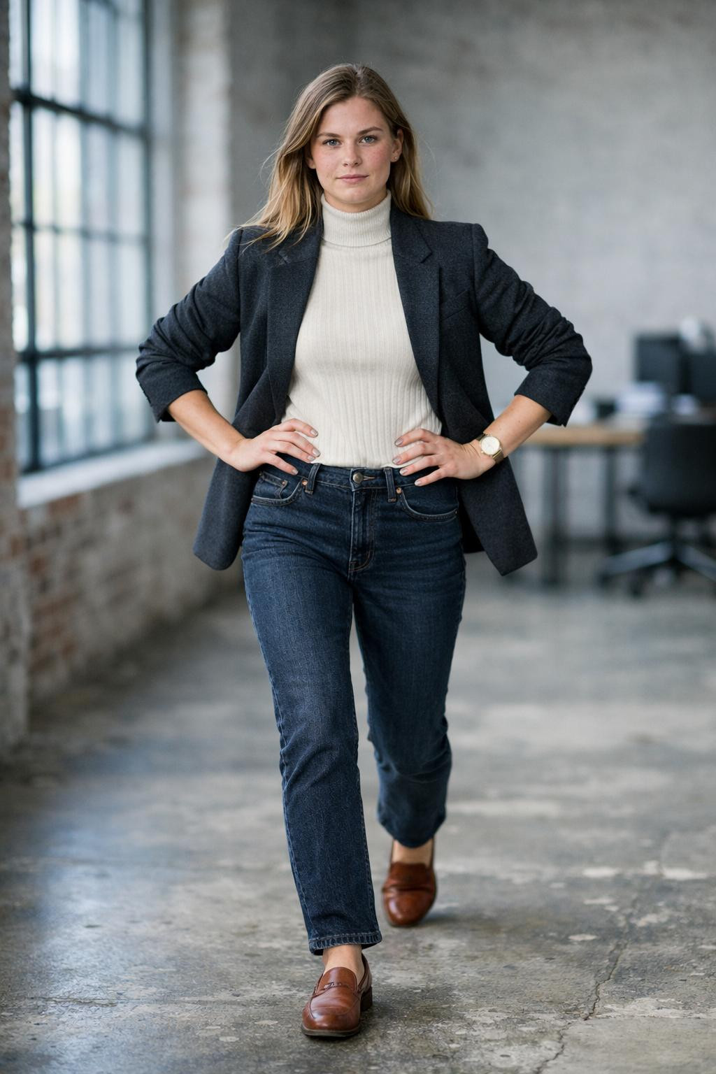 Business casual outfits jeans with charcoal blazer and cream turtleneck