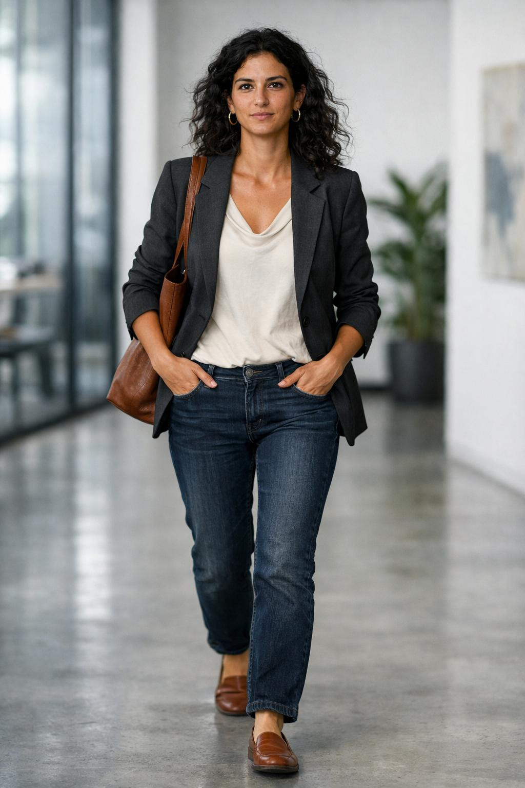 Business casual outfits jeans with structured charcoal blazer