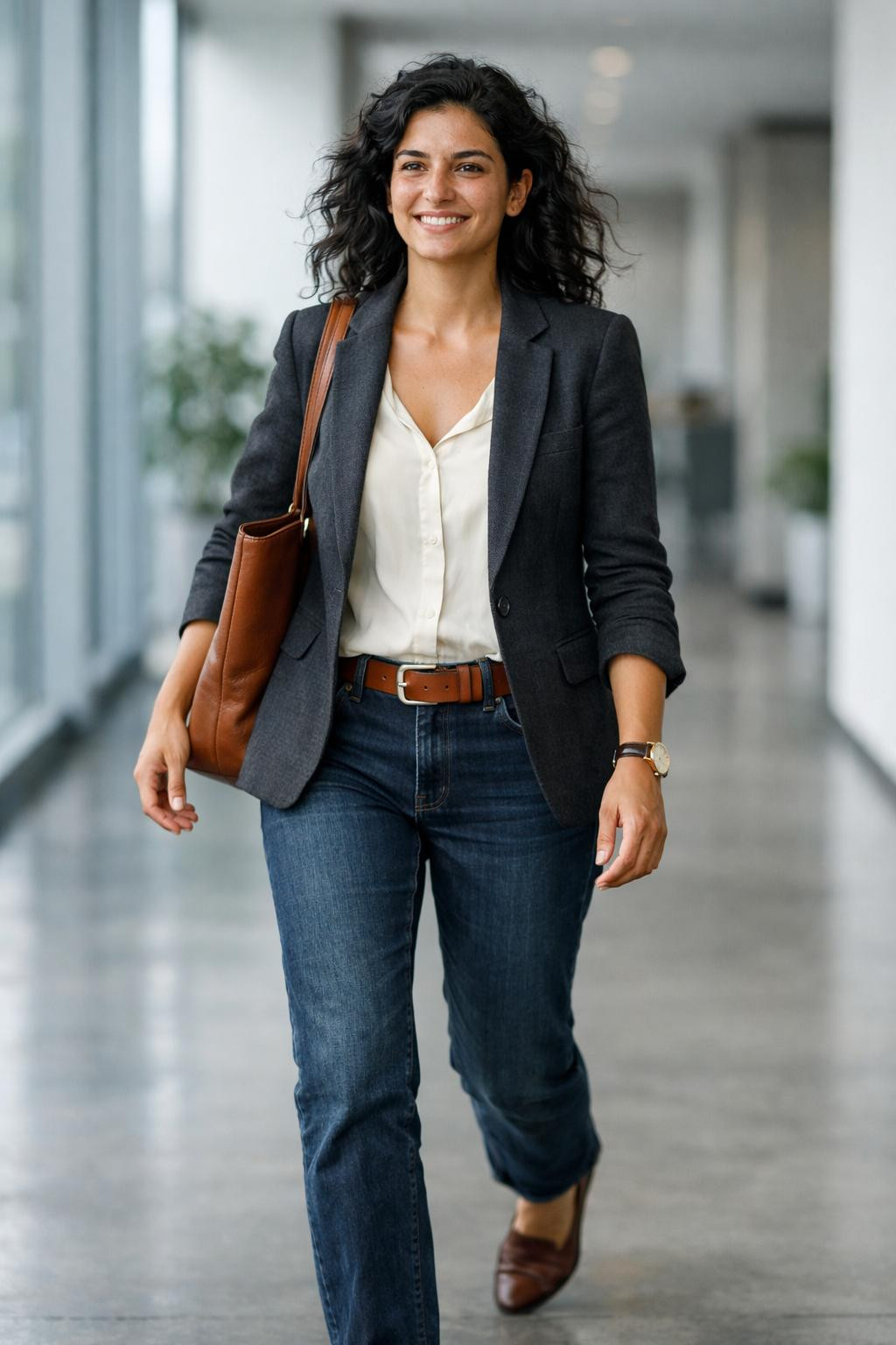 Business casual outfits jeans with charcoal blazer and cream silk blouse
