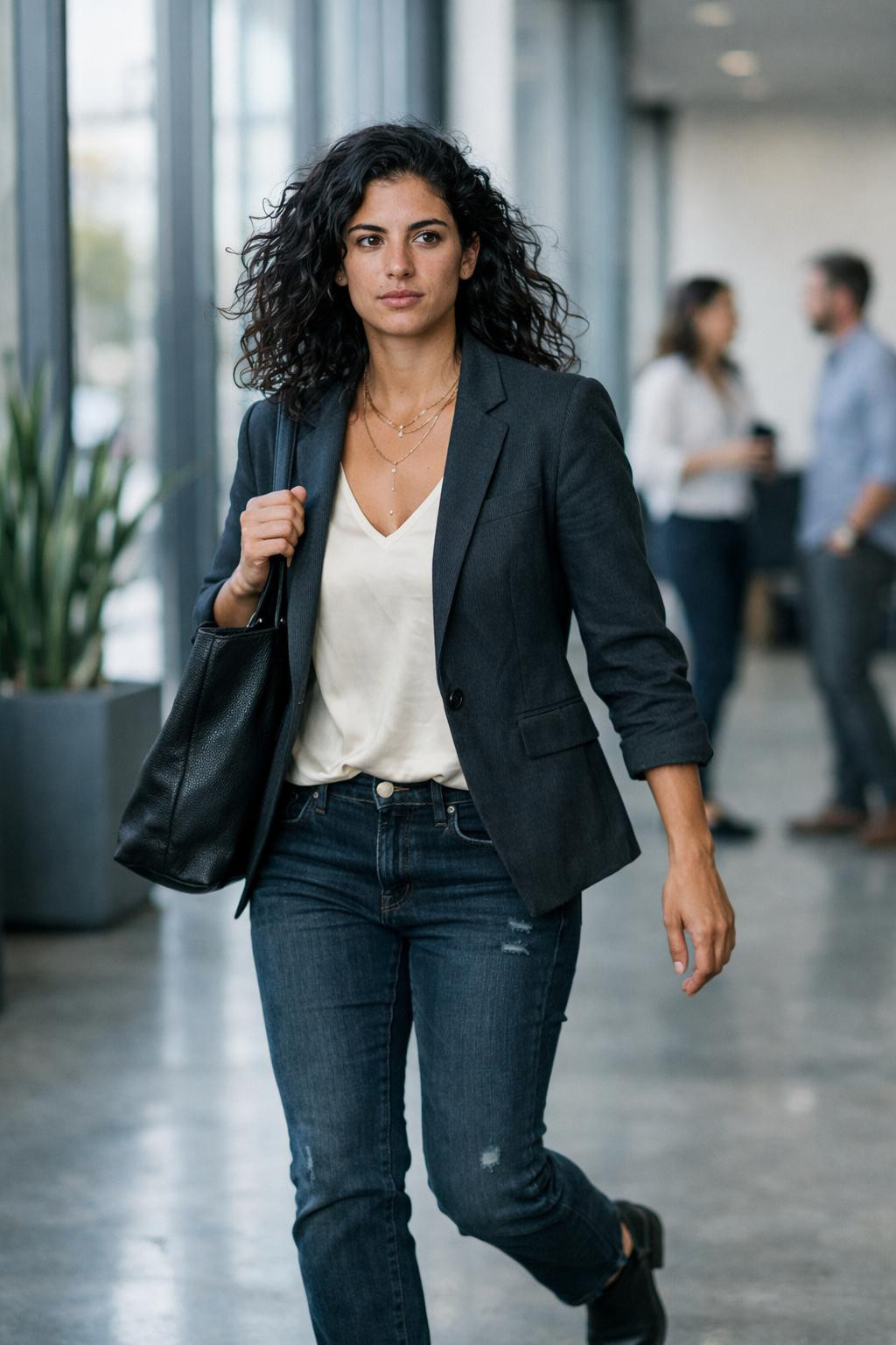 Business casual outfits jeans with charcoal blazer and ivory silk blouse