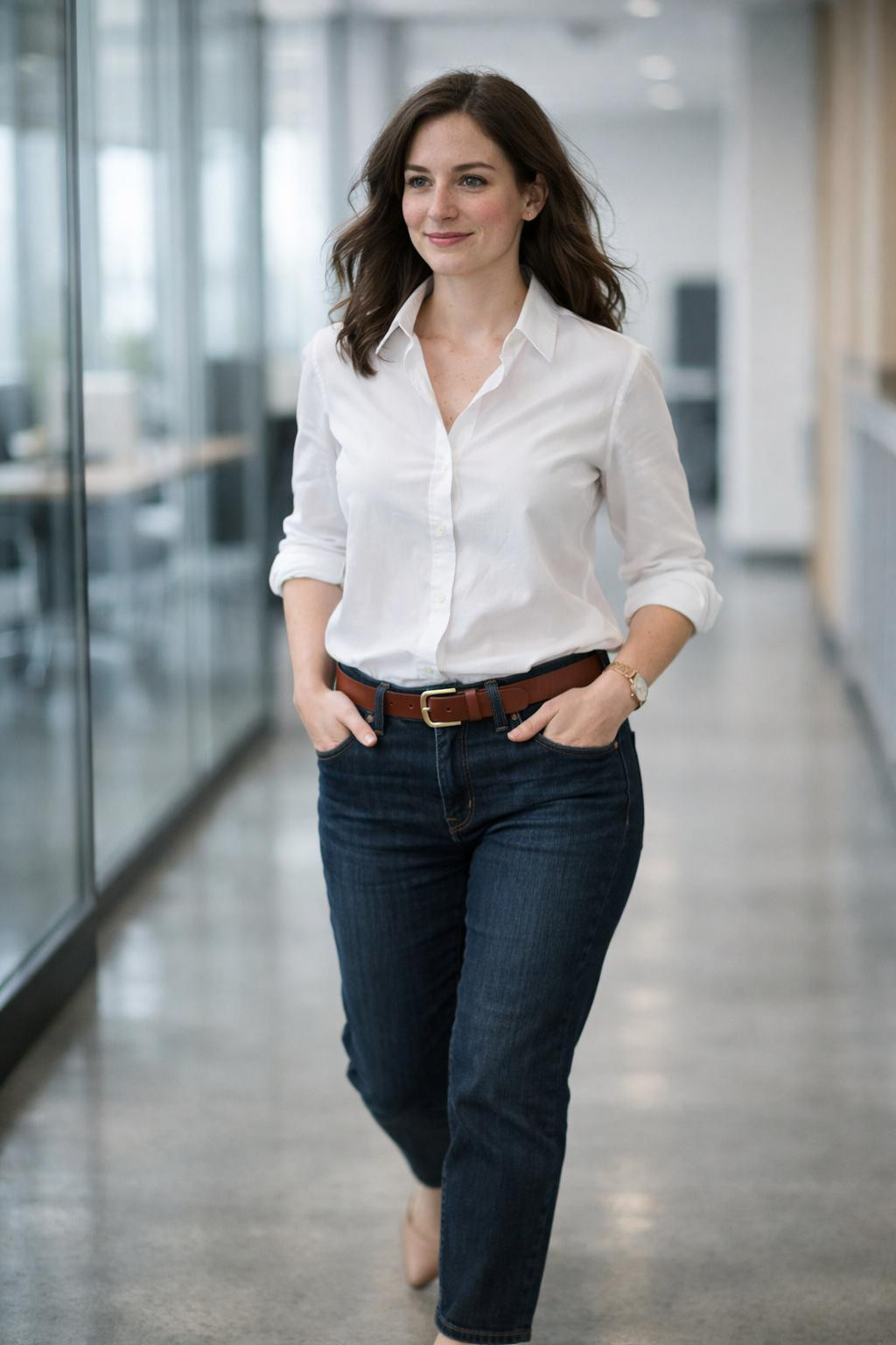 Business casual outfits jeans with white button-down and dark denim