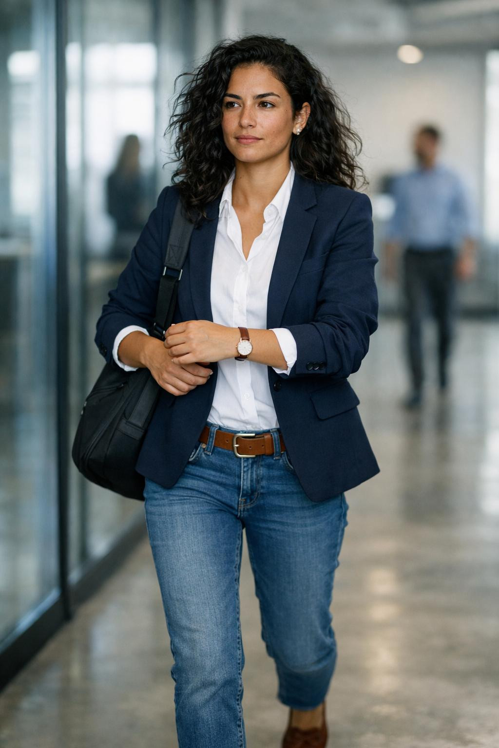 Business casual outfits jeans with navy blazer and white shirt