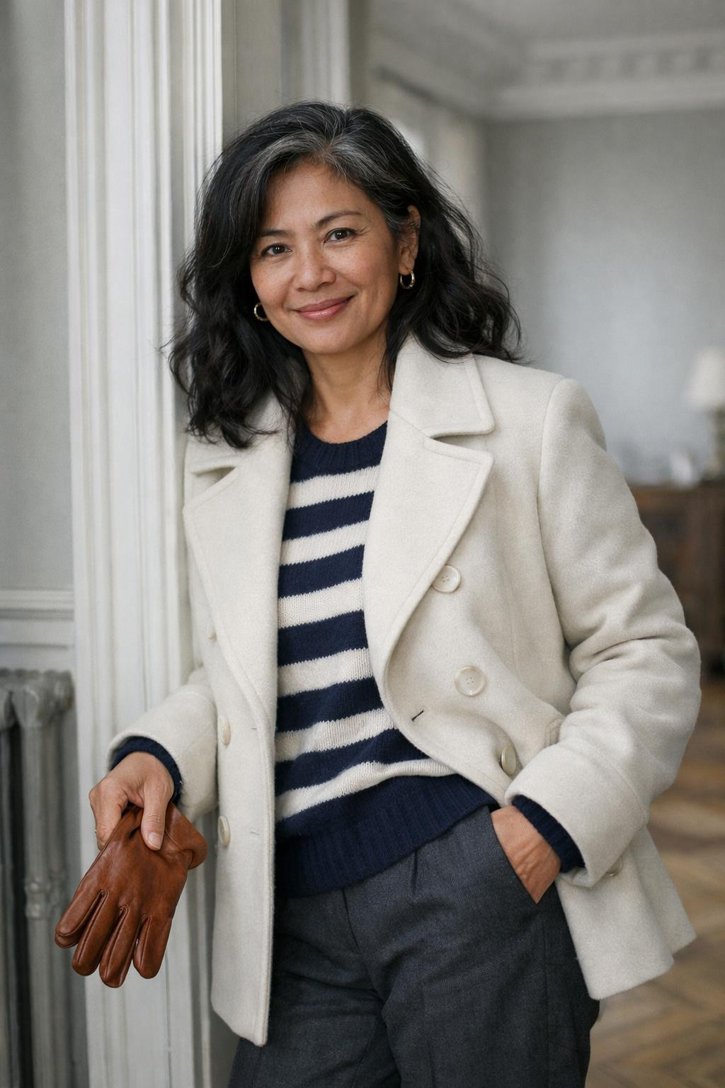 Winter fashion outfits with cream wool double-breasted peacoat and striped cashmere sweater