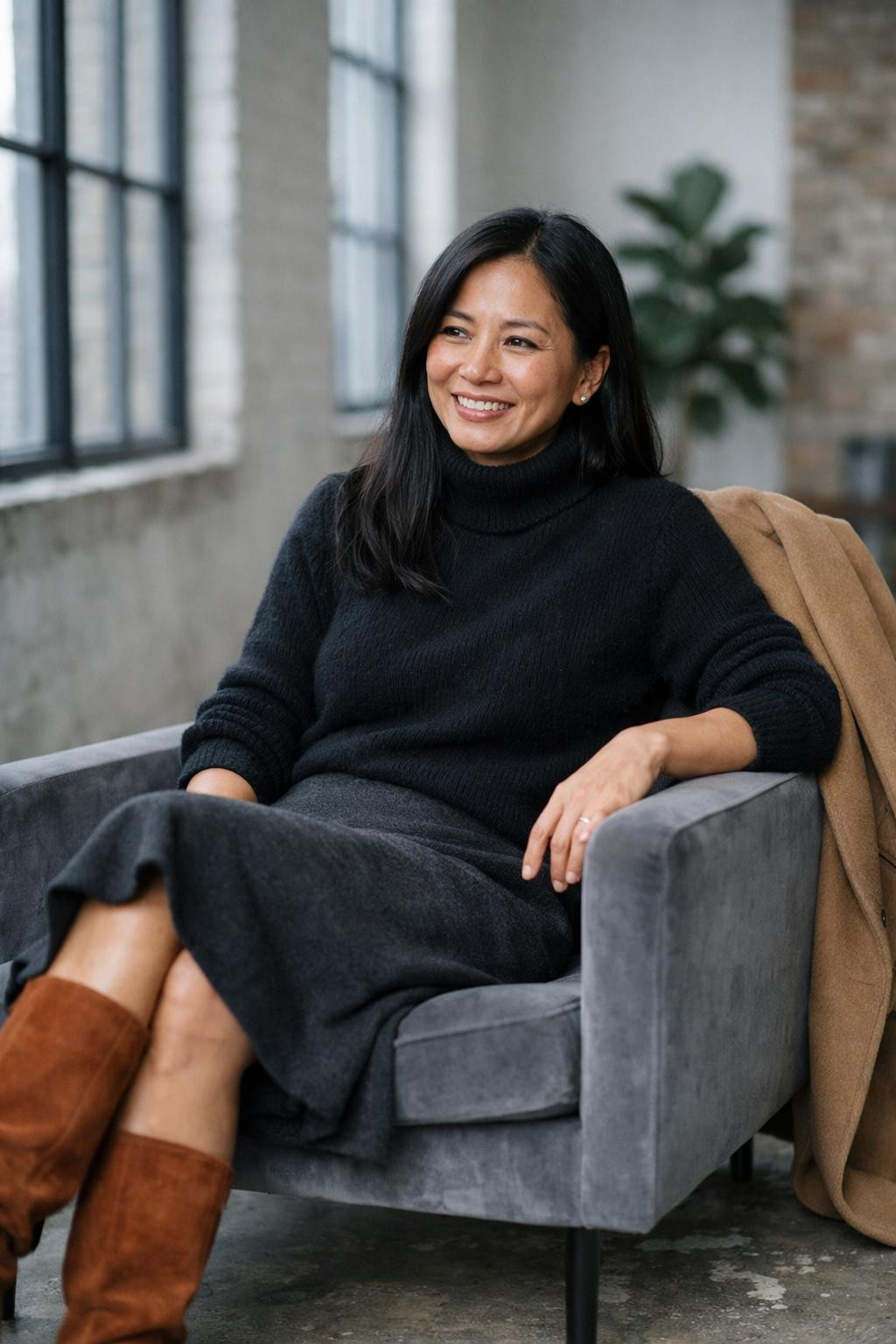 Winter fashion outfits with black cashmere turtleneck and charcoal grey wool midi skirt