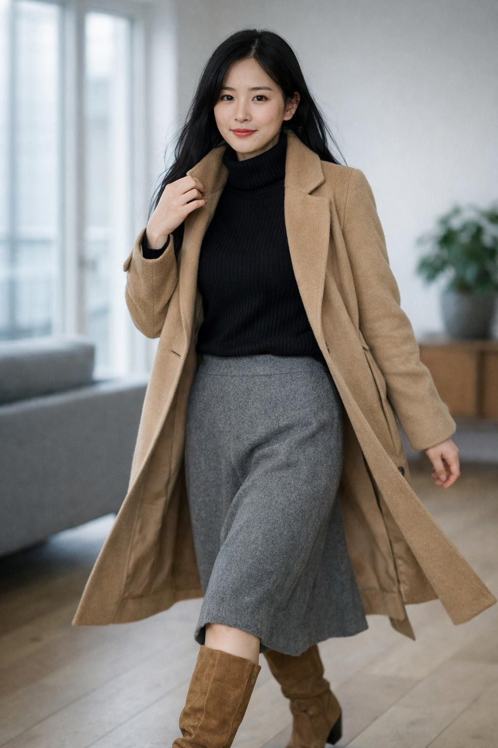 Winter fashion outfits with black ribbed turtleneck and grey wool midi skirt