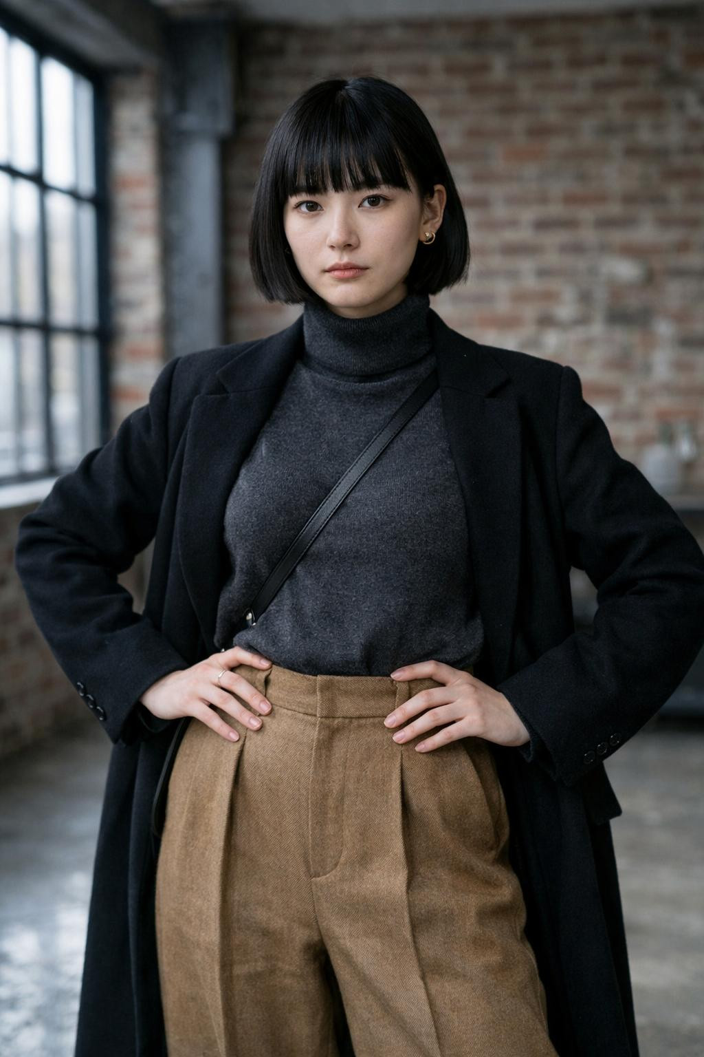 Winter fashion outfits with charcoal grey turtleneck and camel wide-leg wool trousers