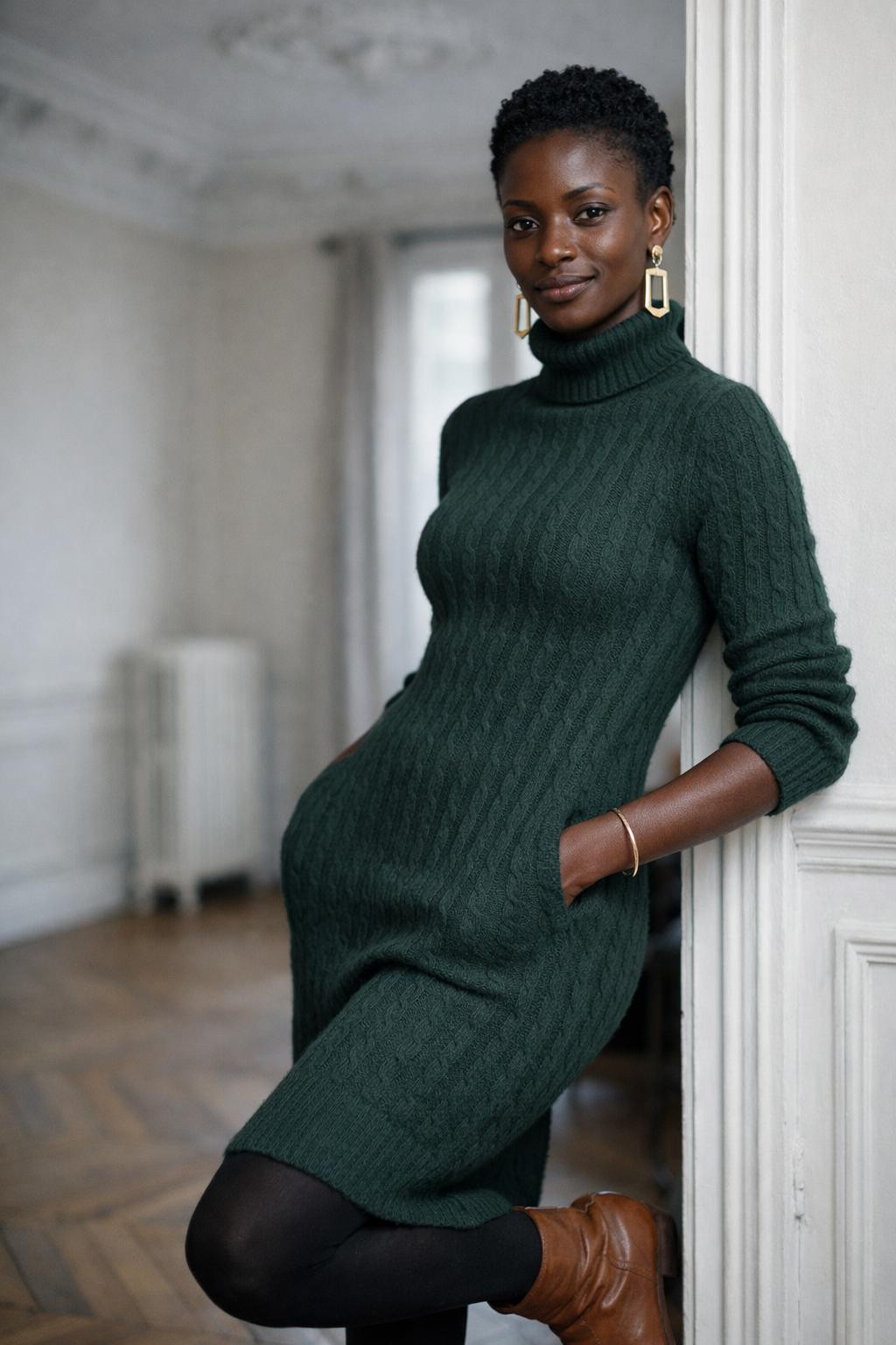 Winter fashion outfits with forest green cable-knit midi dress and cognac ankle boots