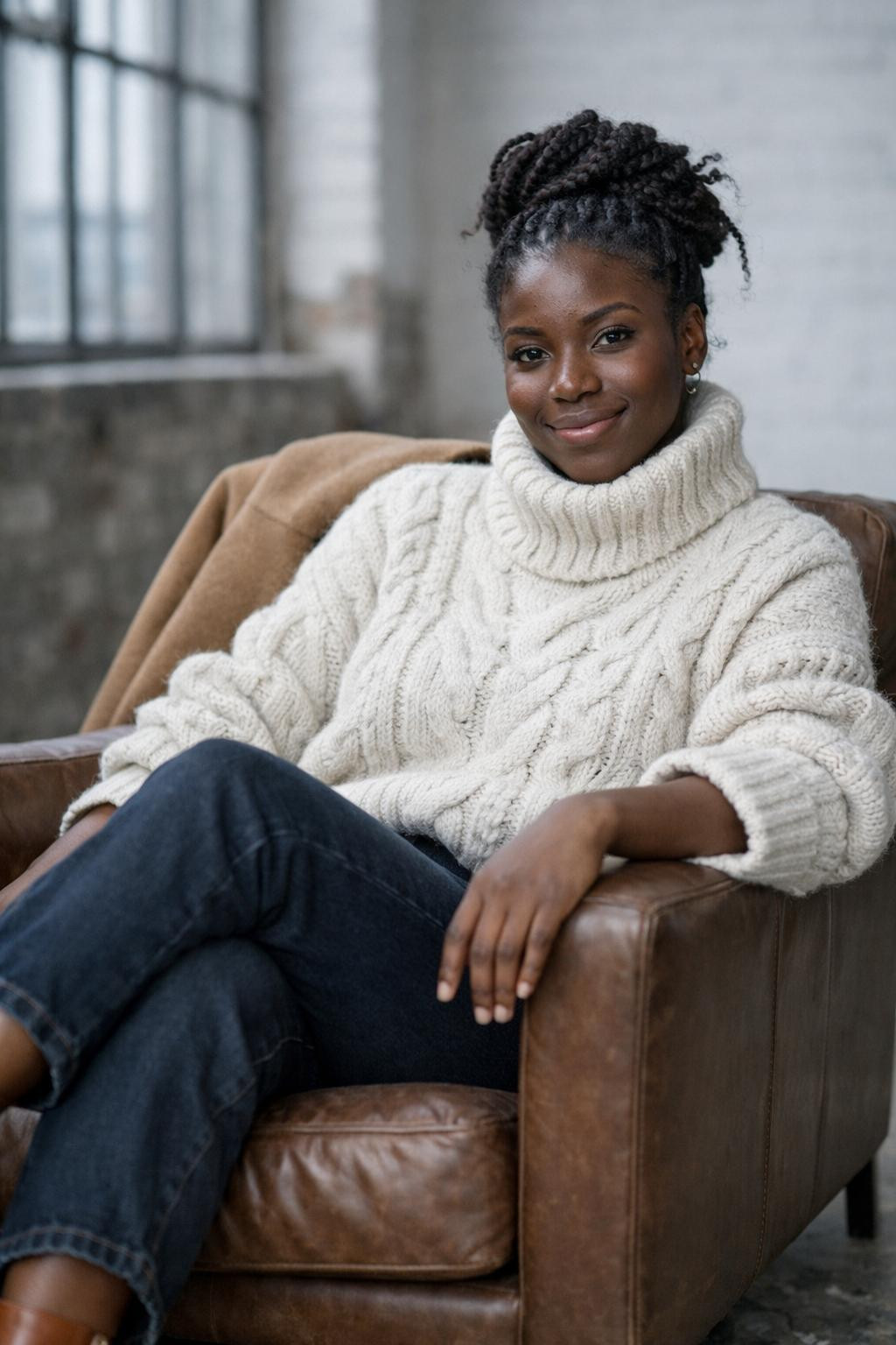 Winter fashion outfits with chunky cream cable-knit turtleneck and dark jeans