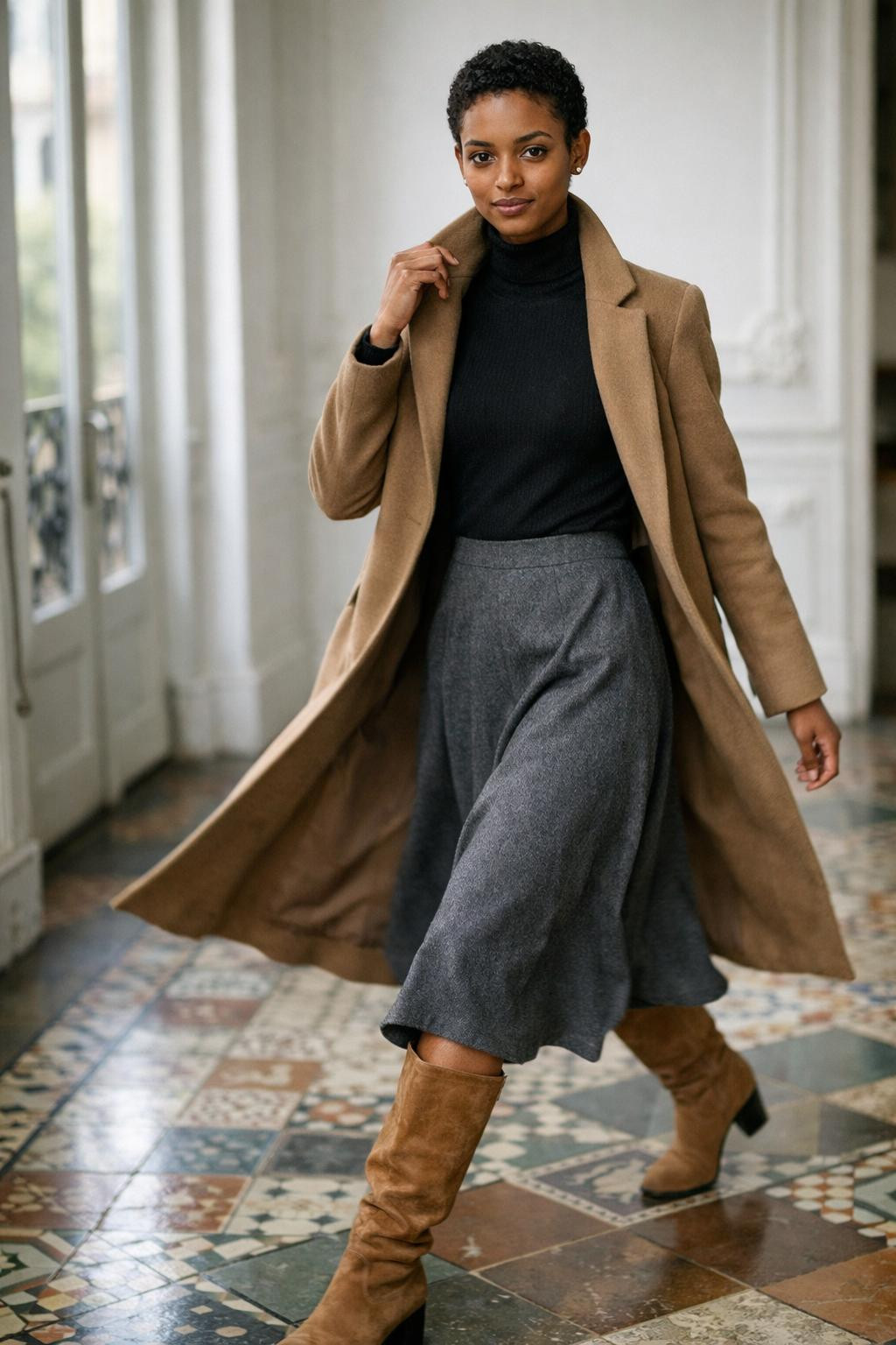 Winter fashion outfits with black merino turtleneck and grey wool midi skirt