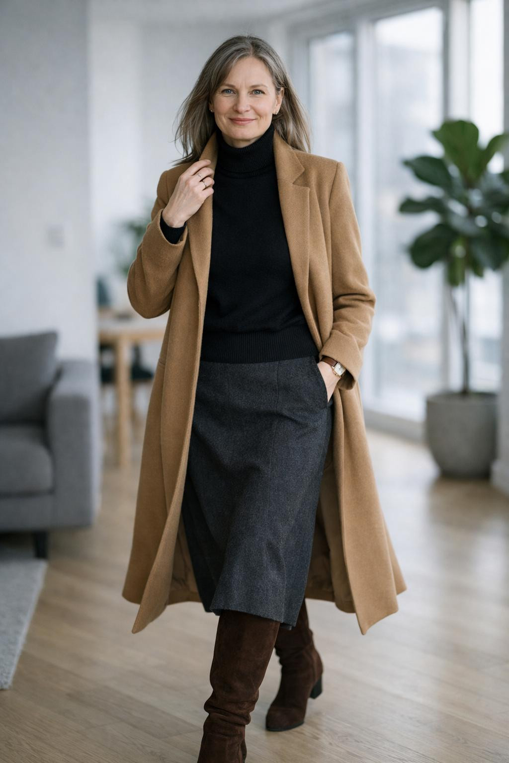 Winter fashion outfits with black merino turtleneck and charcoal grey wool midi skirt