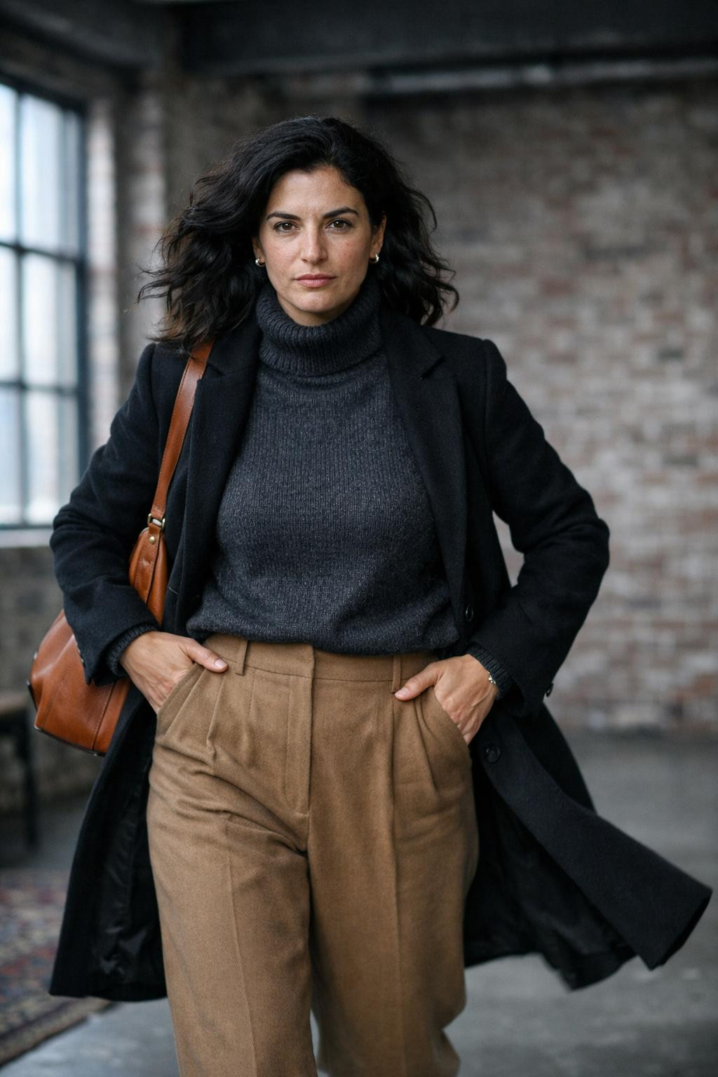 Winter fashion outfits with charcoal turtleneck and camel wide-leg wool trousers