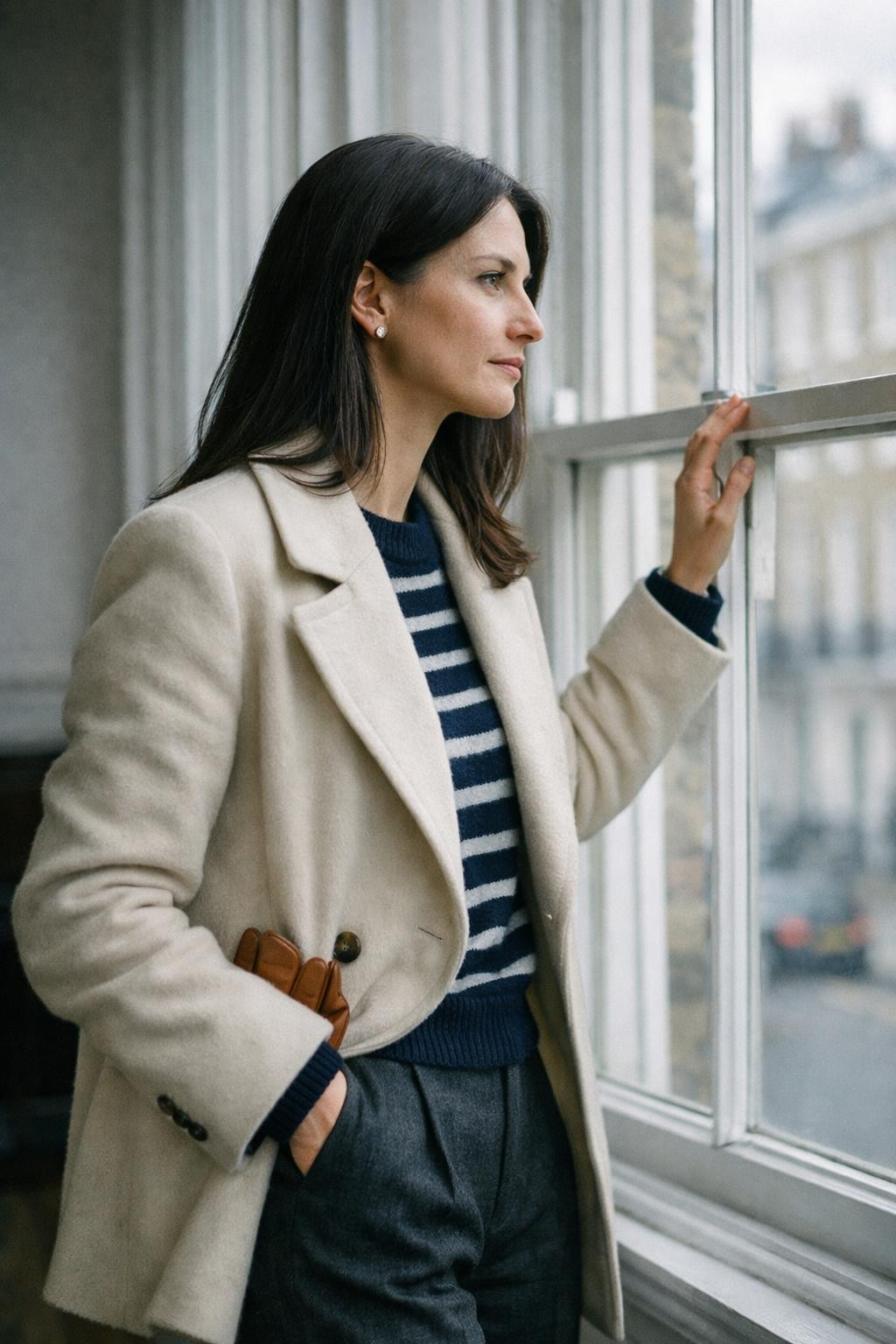 Winter fashion outfits with cream peacoat and navy striped cashmere sweater