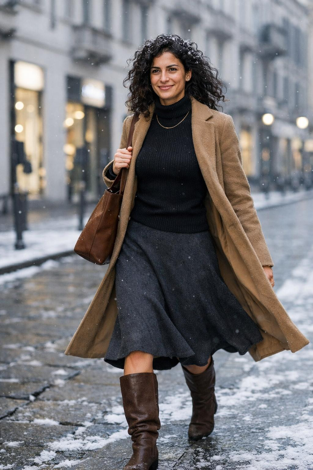 Winter fashion outfits with black turtleneck and grey wool midi skirt with camel coat
