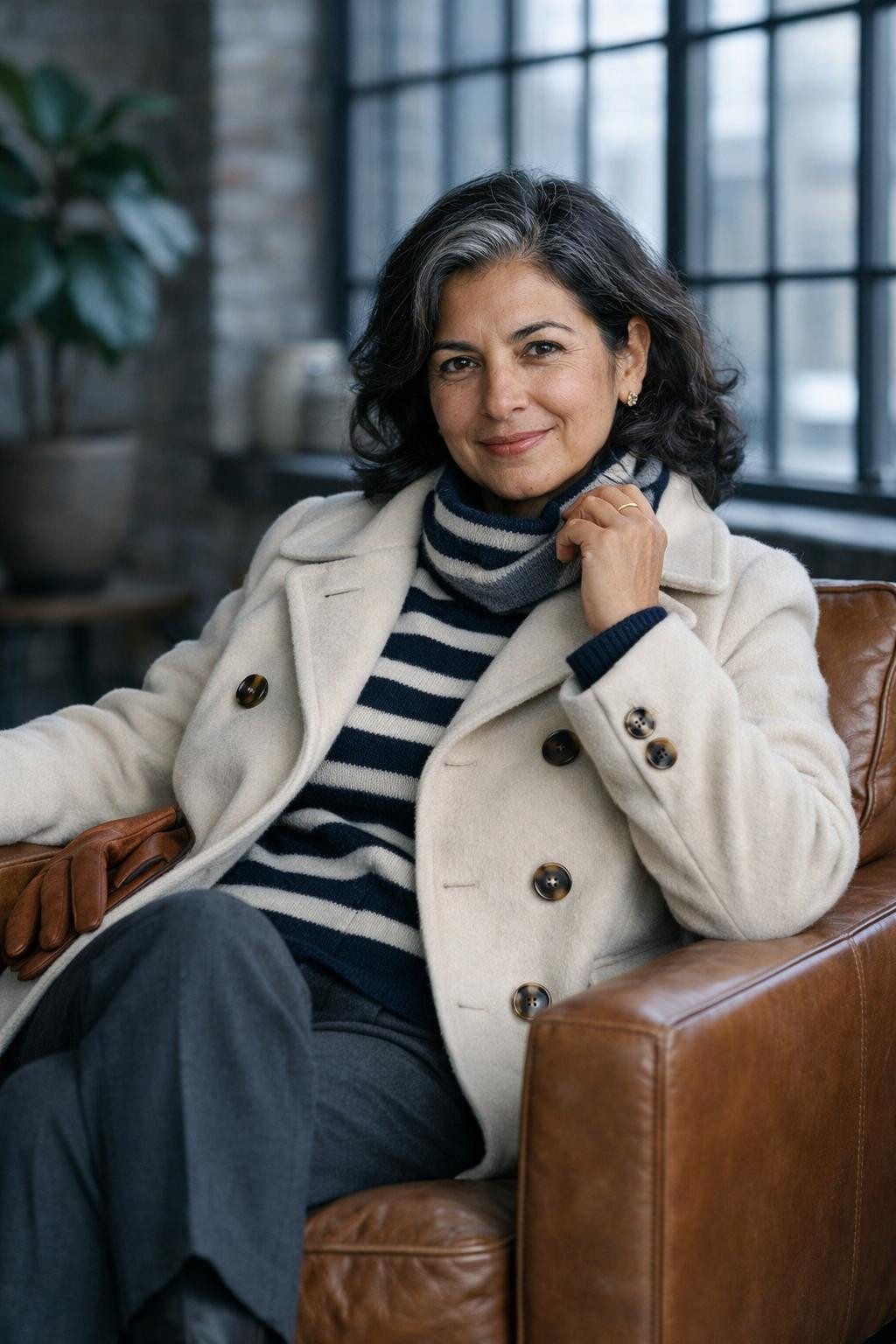 Winter fashion outfits with cream wool peacoat and striped cashmere sweater