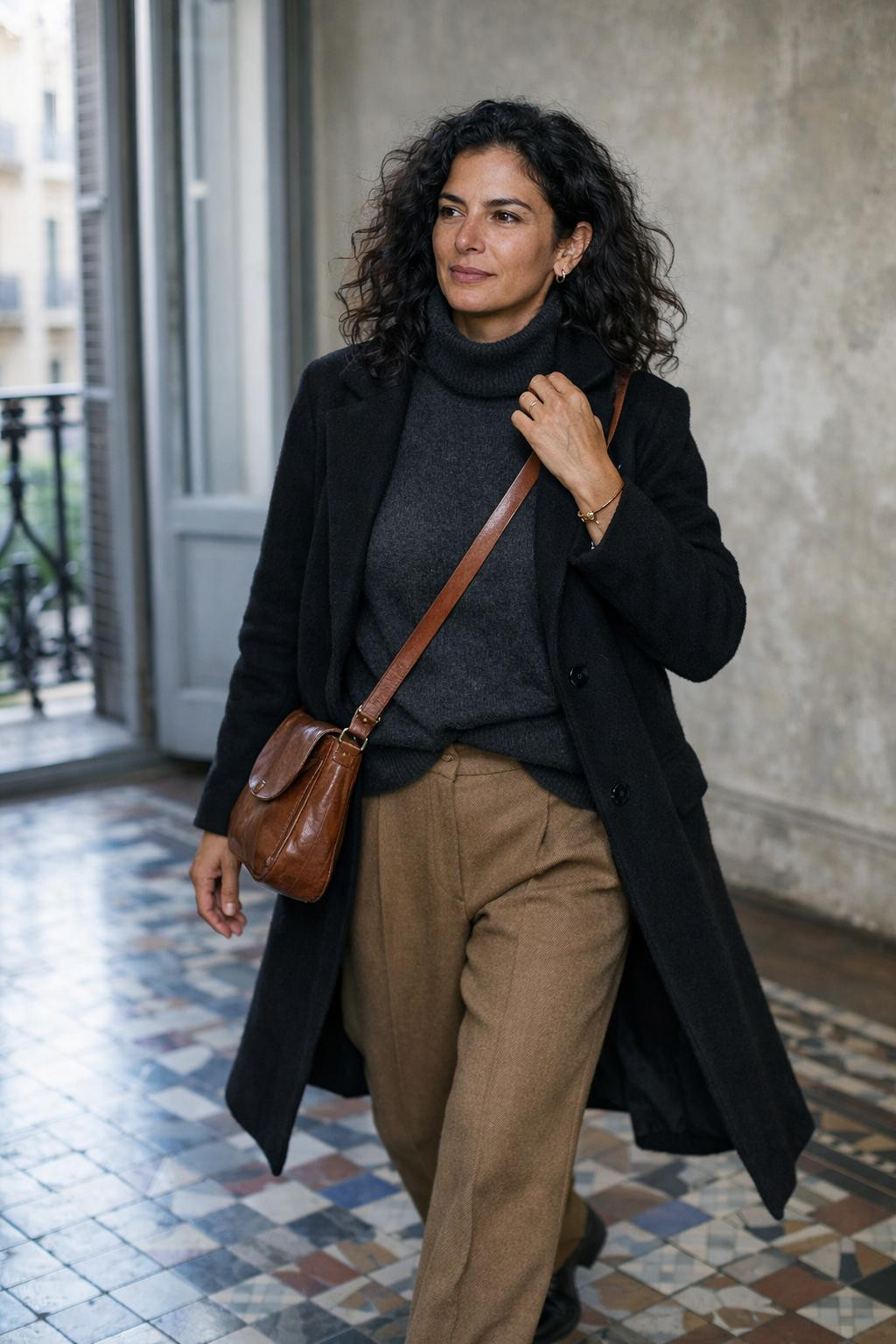 Winter fashion outfits with charcoal turtleneck and camel wide-leg trousers