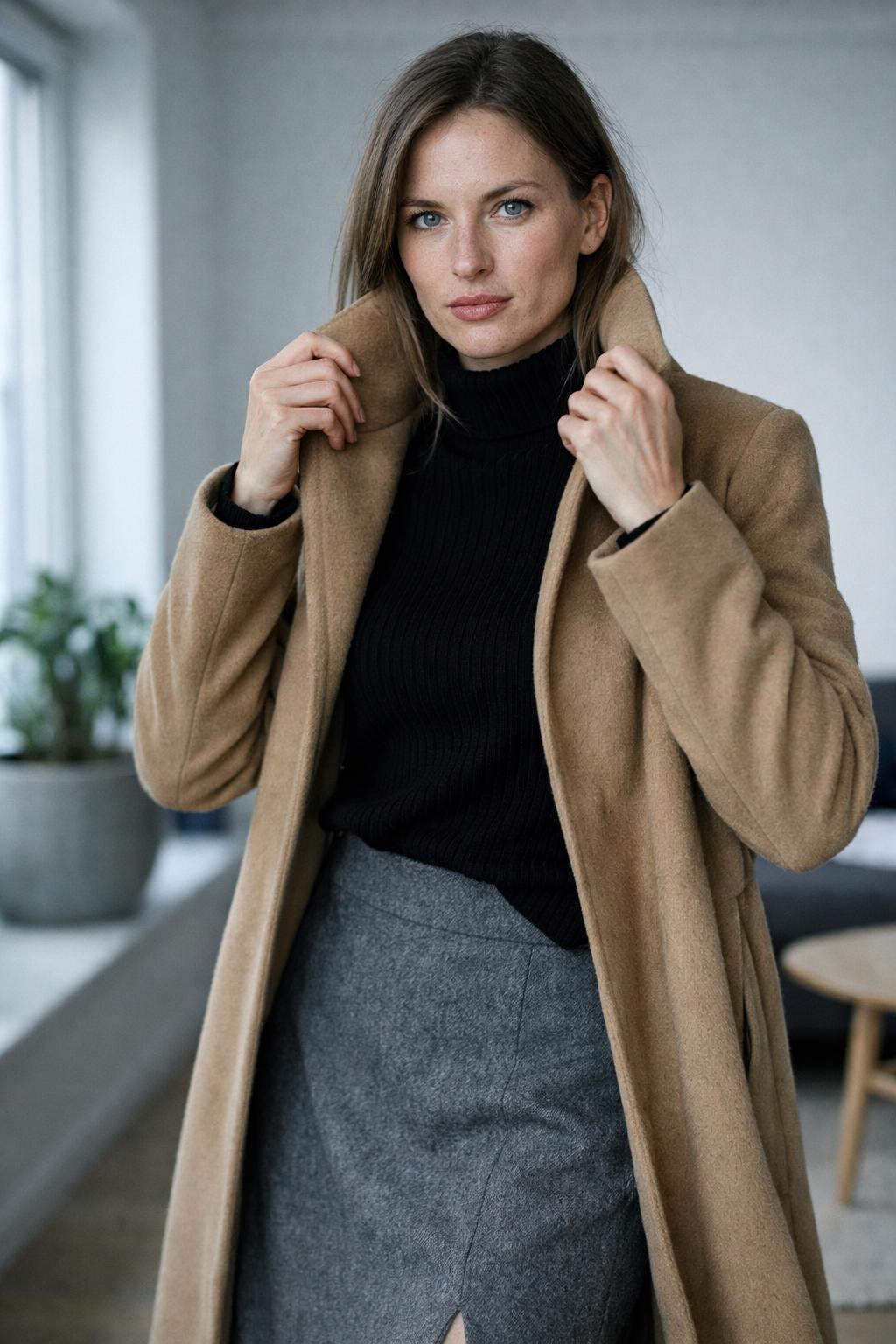 Winter fashion outfits with black turtleneck and grey wool midi skirt