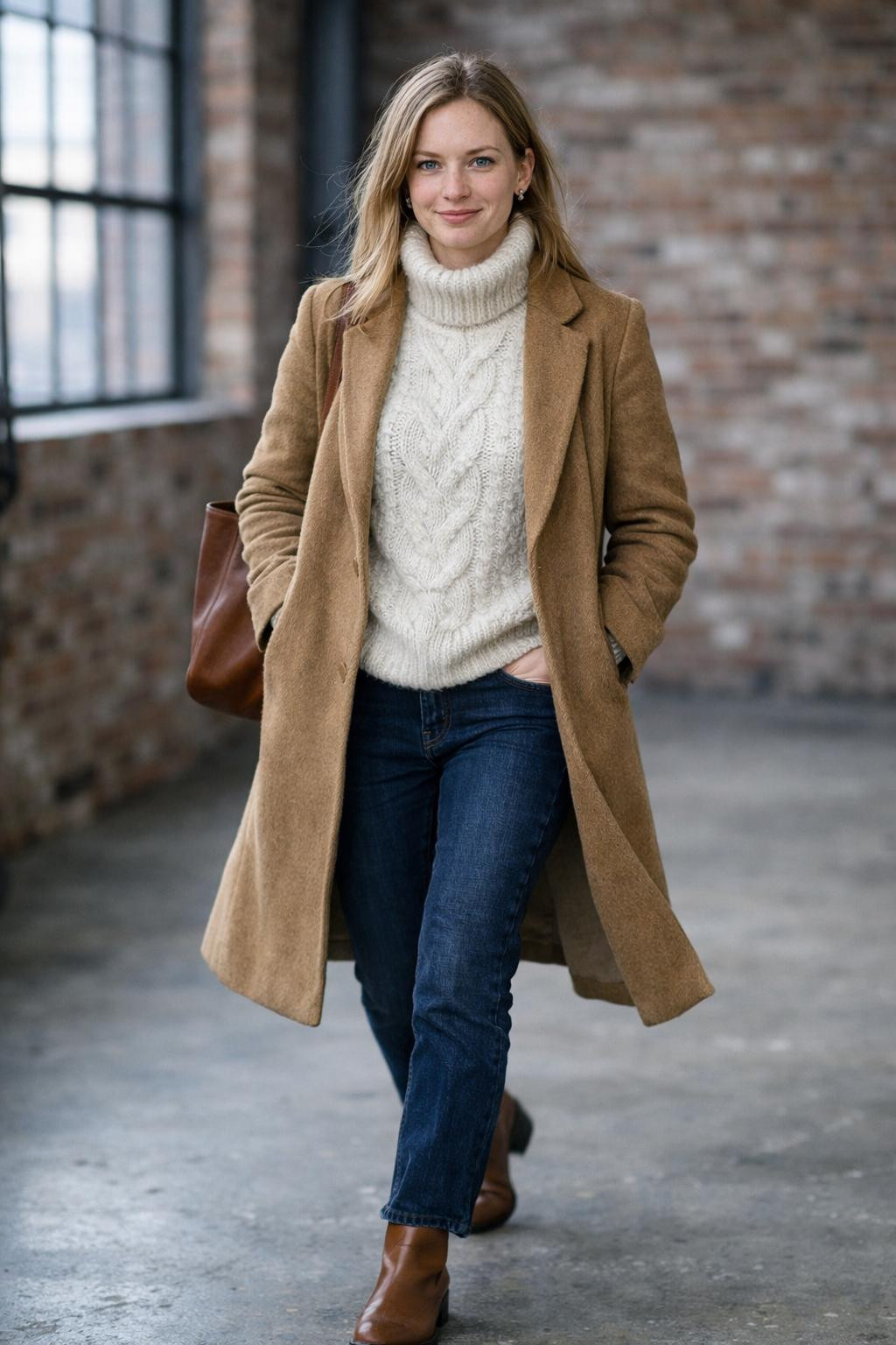 Winter fashion outfits with cream cable-knit turtleneck and camel wool coat