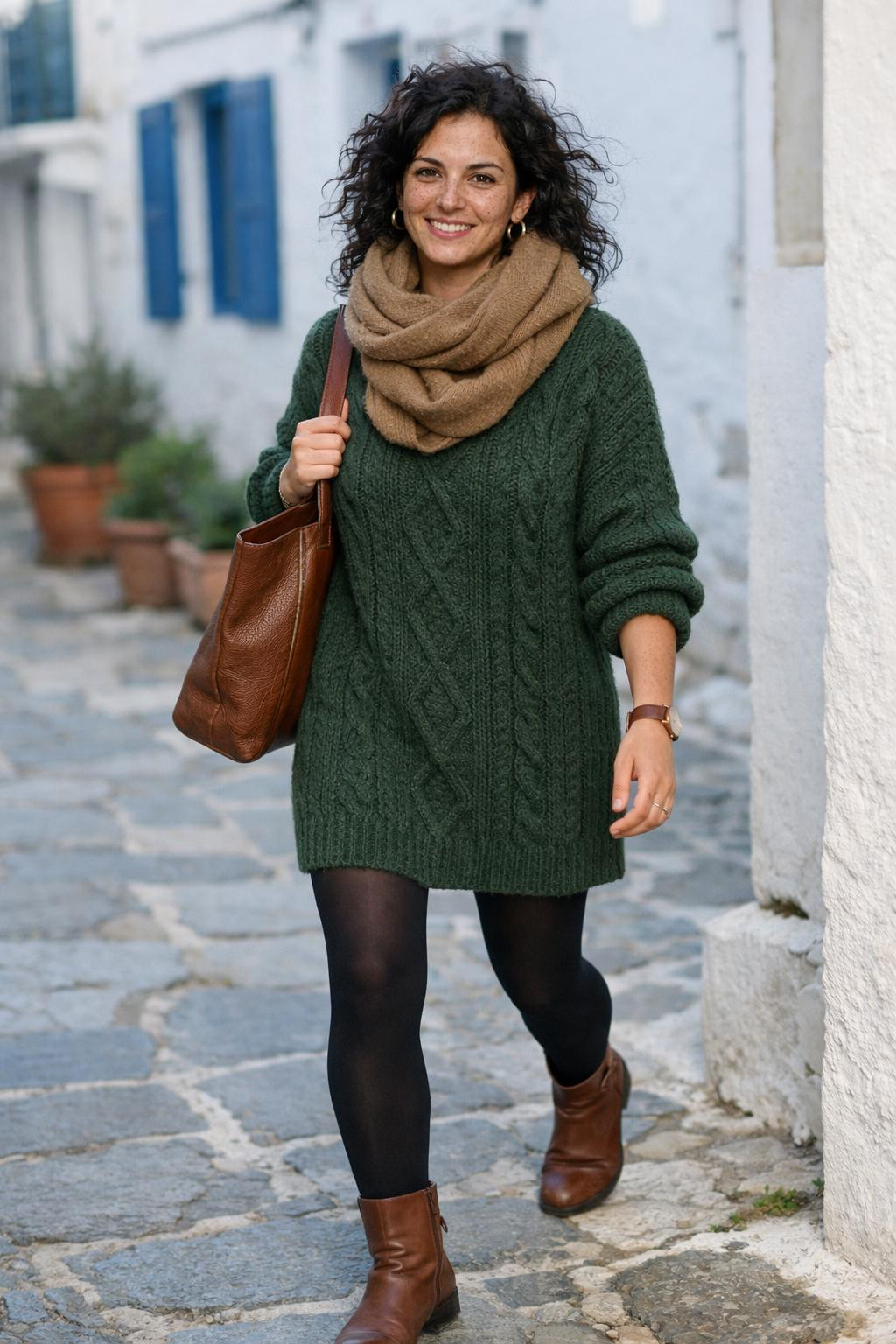 Casual winter outfits with forest green cable-knit sweater dress and camel scarf