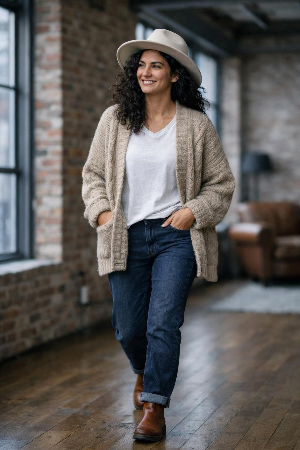 Casual winter outfits with oversized beige chunky knit cardigan