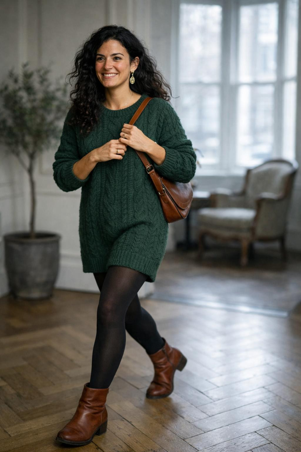 Casual winter outfits with forest green cable-knit sweater dress