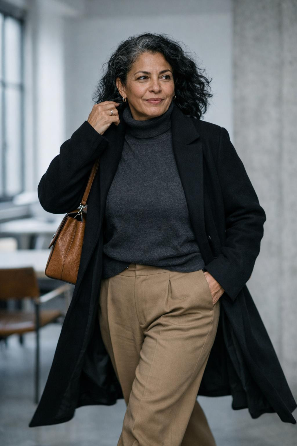Casual winter outfits with charcoal merino turtleneck and camel wide-leg trousers