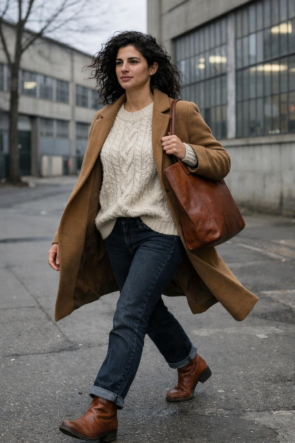 Casual winter outfits with chunky cream cable-knit sweater and camel wool coat