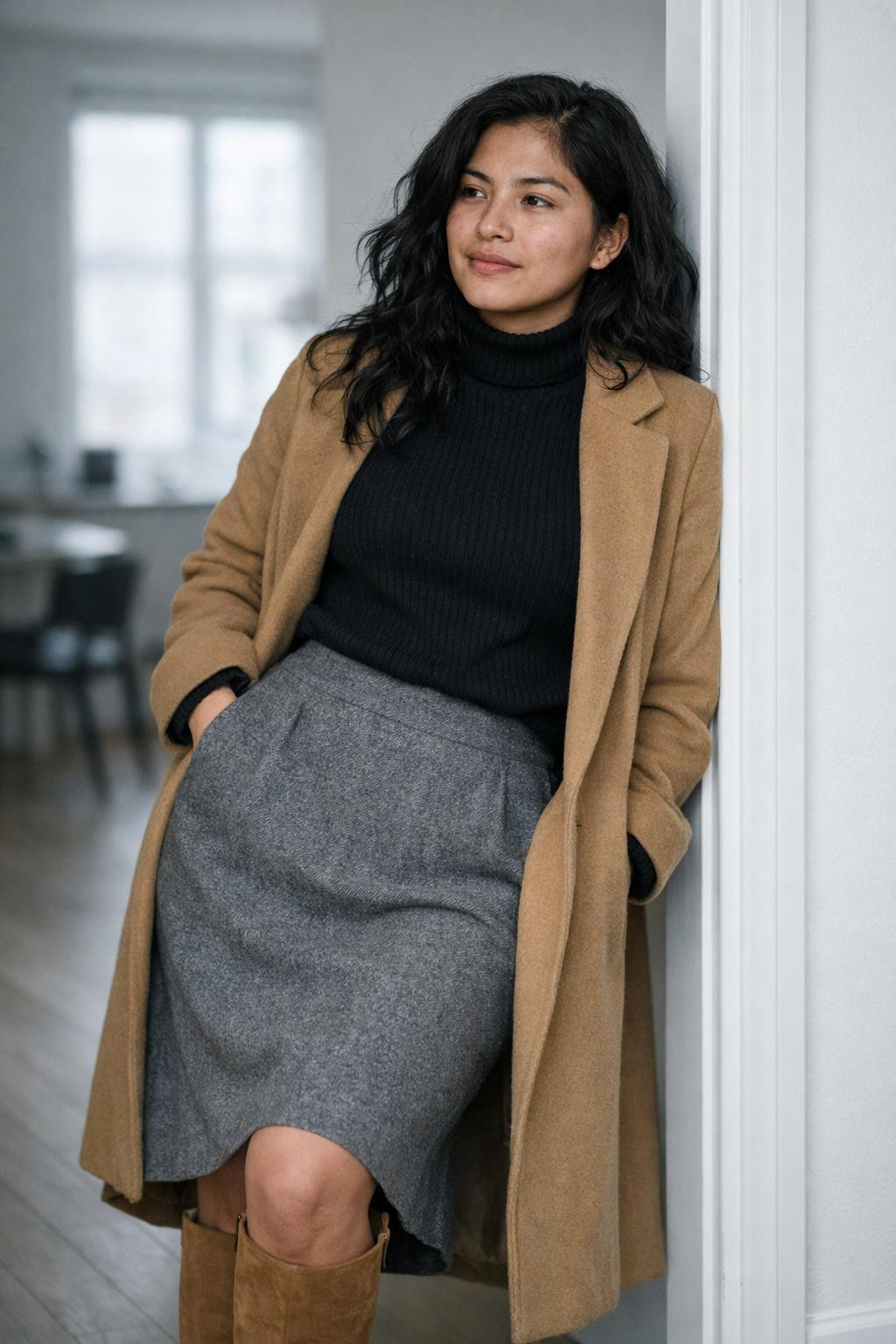 Casual winter outfits with black ribbed turtleneck and grey wool midi skirt