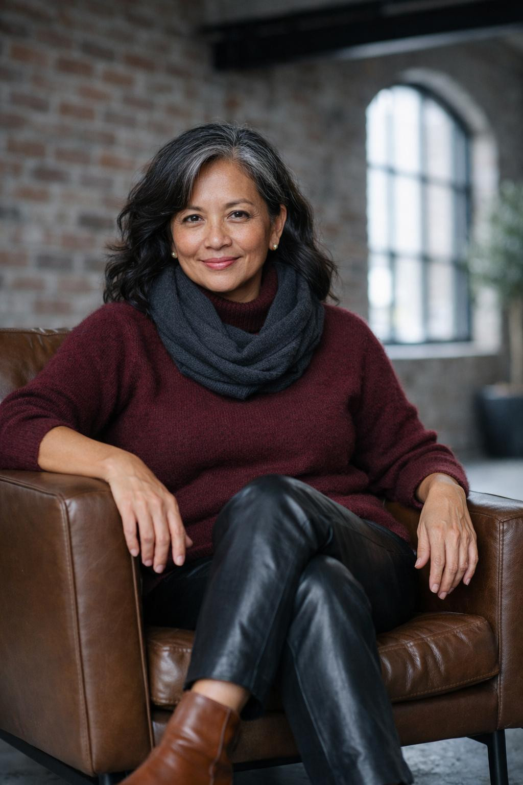 Casual winter outfits with burgundy cashmere turtleneck and charcoal wool scarf
